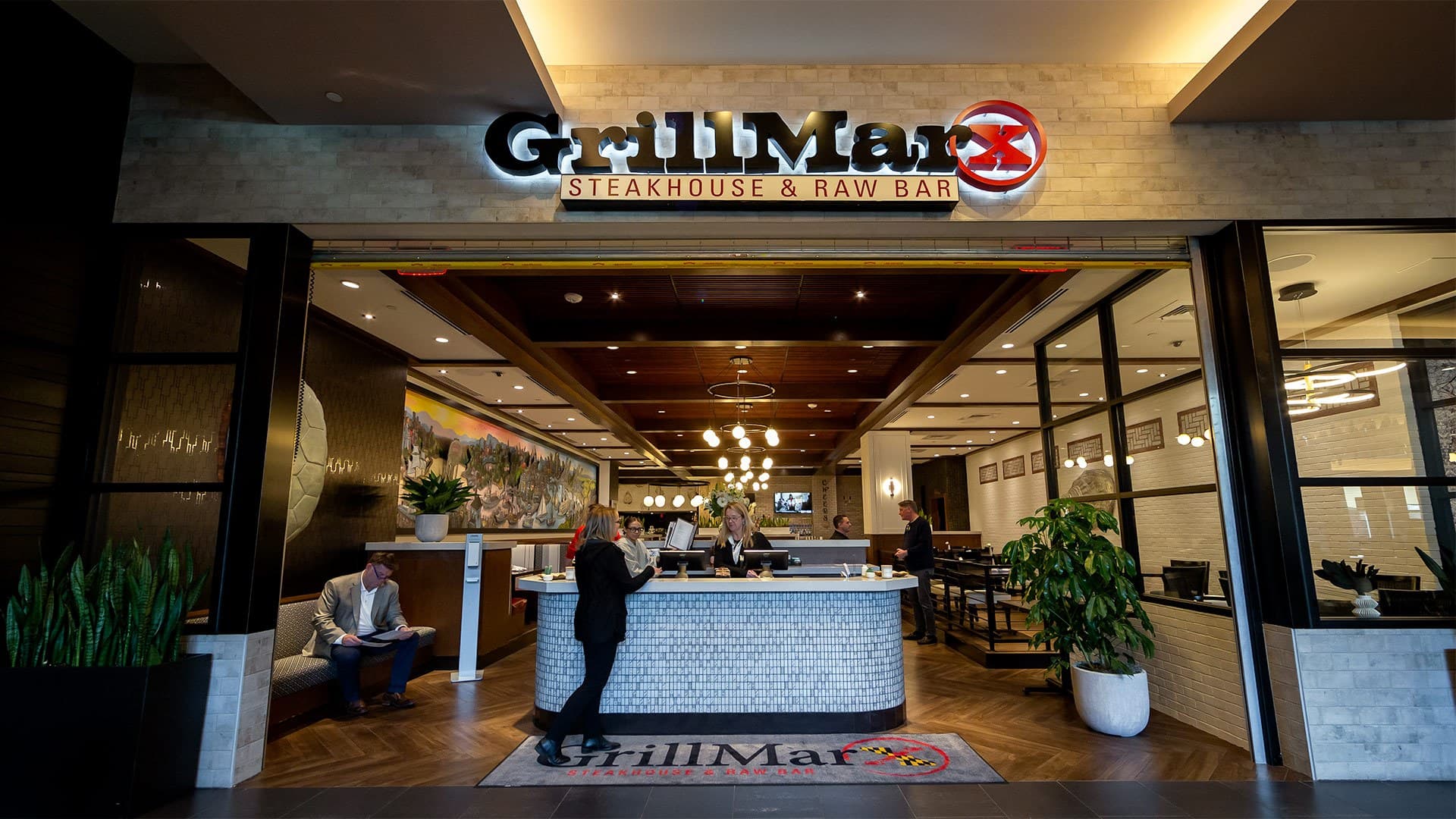 entrance to GrillMarX Steakhouse and Raw Bar in The Hotel at the University of Maryland