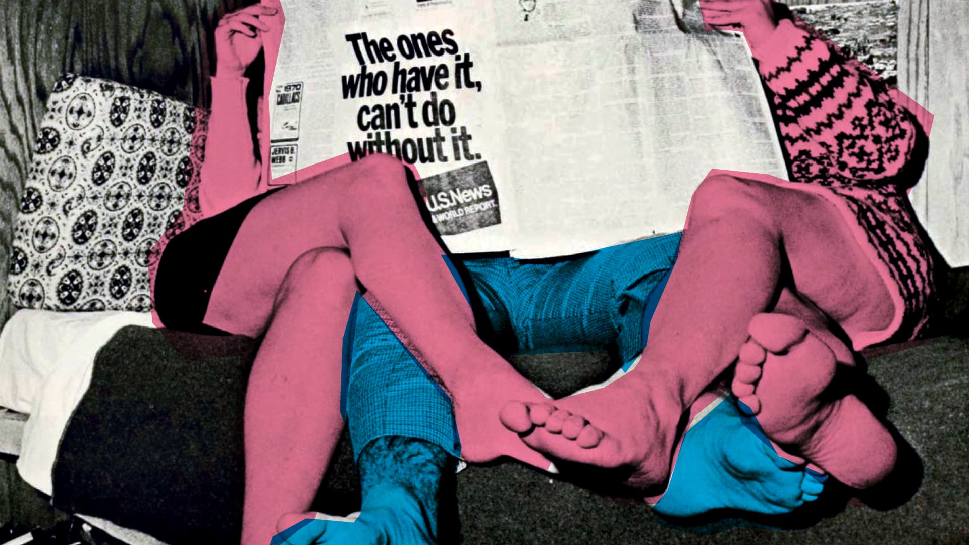 Two women's legs, colored pink, crossed around a man's legs, colored blue, as they read the newspaper