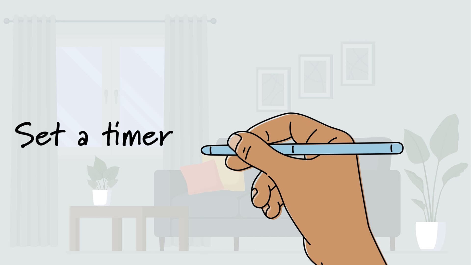 illustration of a hand writing directions to a digital voice assistant in the air that say "set a timer"