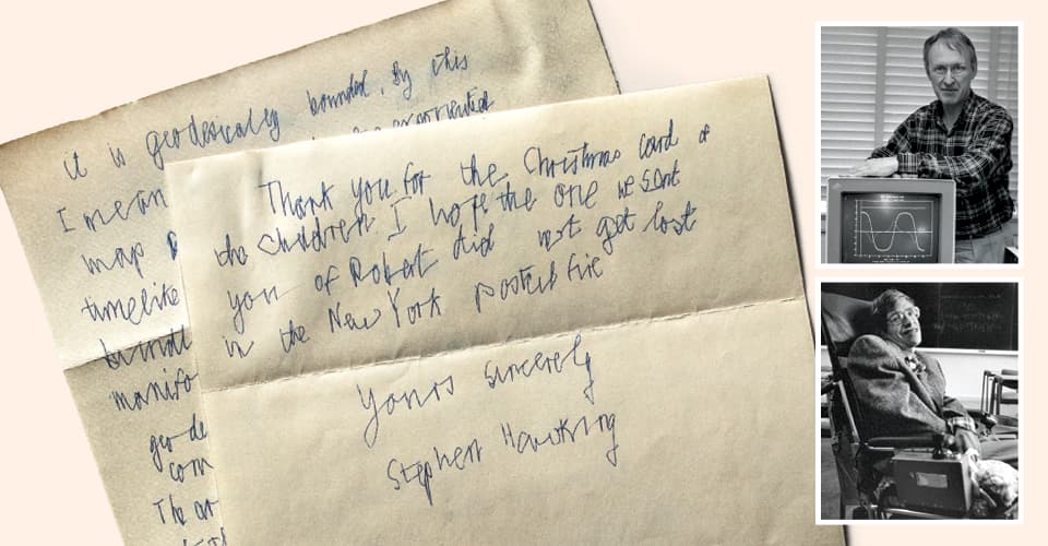 Letters from Stephen Hawking, plus photos of Hawking and Charles Misner