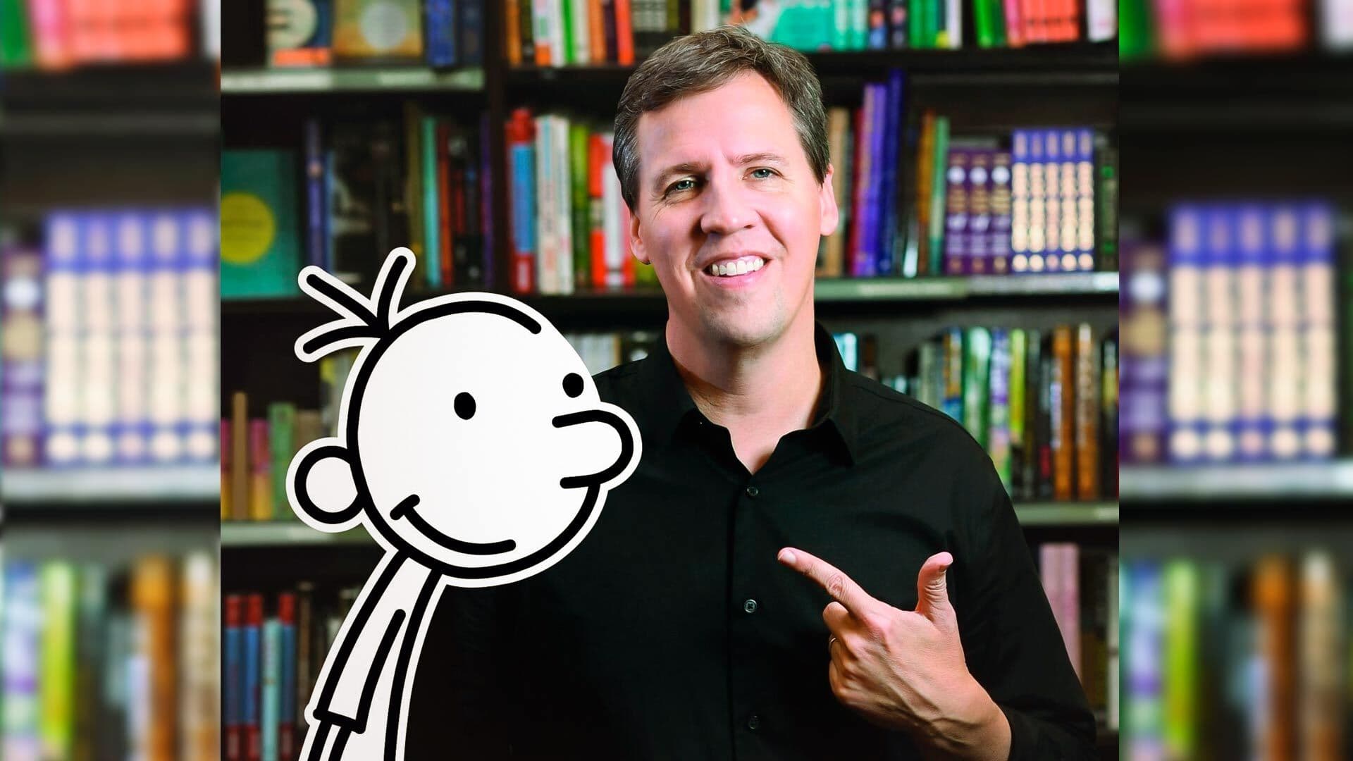 Portrait of Jeff Kinney with Diary of a Wimpy Kid illustration