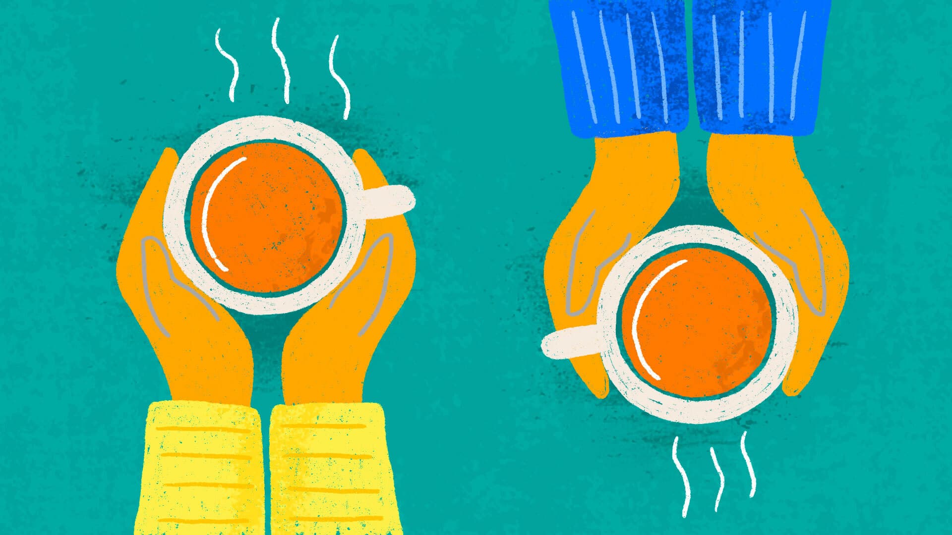 Illustration of hands holding mugs of coffee