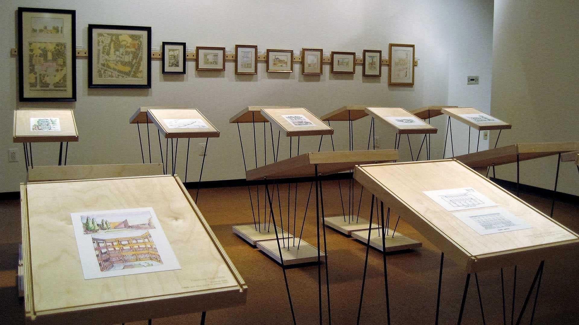 wooden podiums set up in gallery
