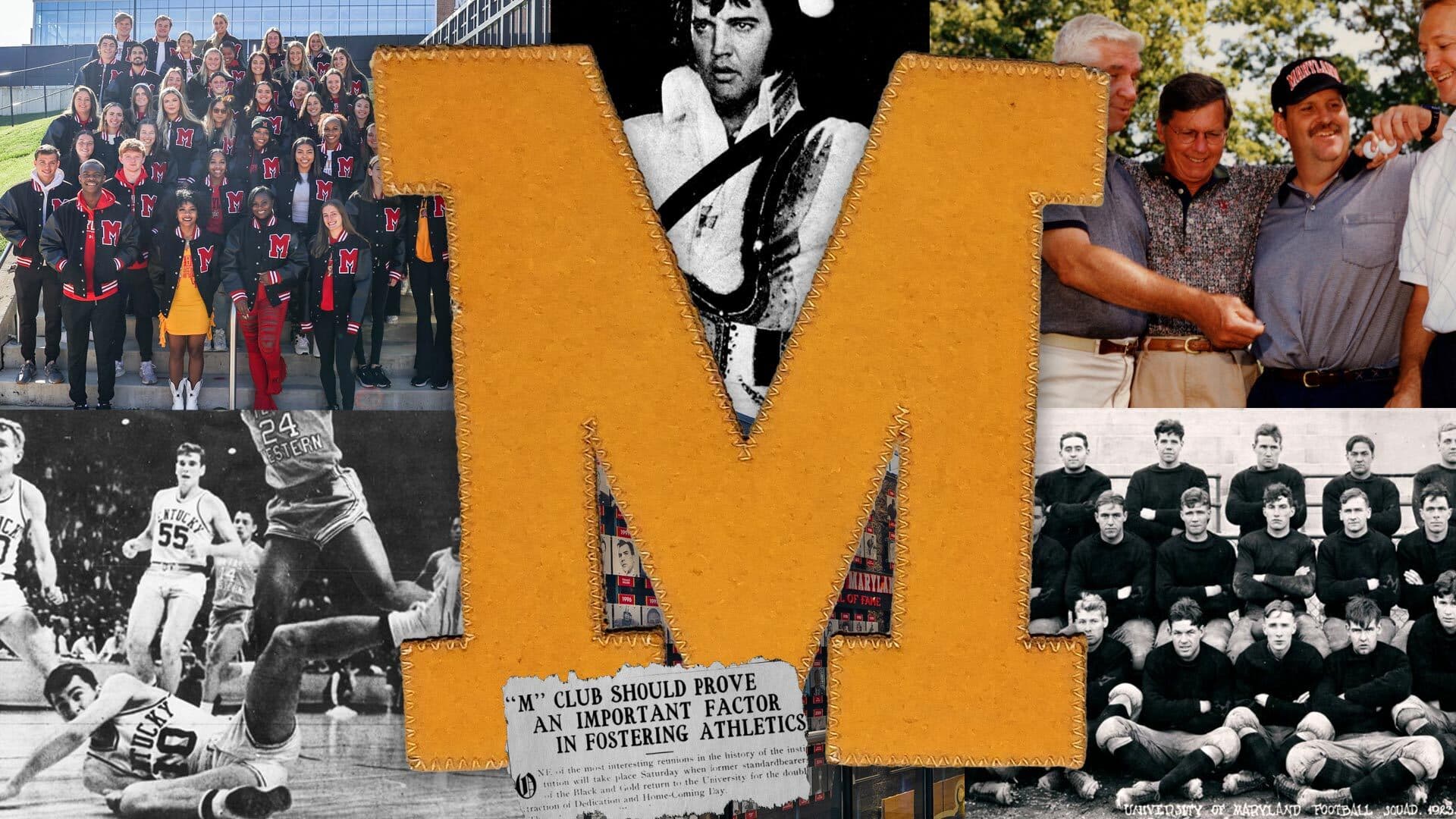 collage of varsity M, student-athletes wearing varsity letter jackets, Elvis performing, group of four at a golf outing, Kentucky-Texas Western basketball game, 1923 football team, and newspaper clipping that reads, "M Club should prove important factor in fostering athletics"