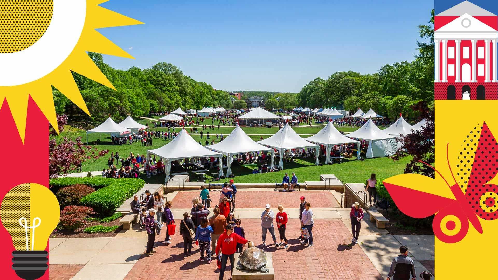 Maryland Day tents on McKeldin Mall surrounded by red and yellow illustrations of sun, lightbulb, academic building and butterfly