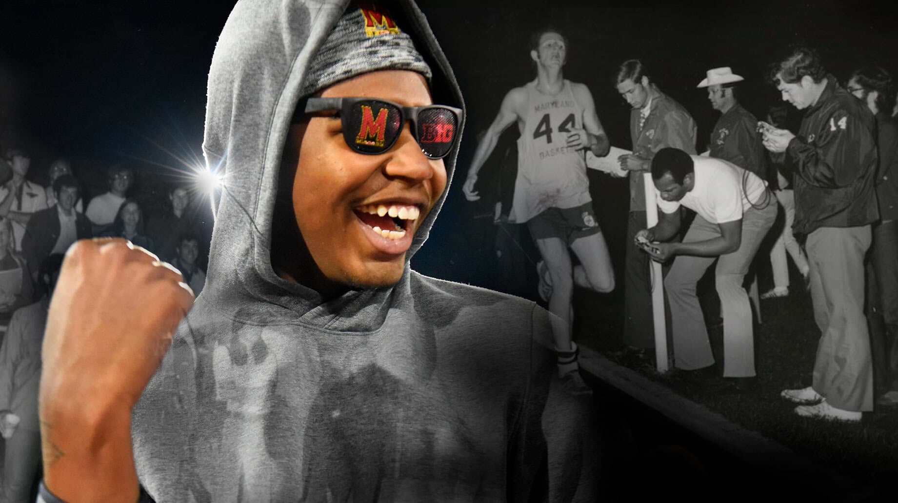 Collage of archival Midnight Mile photos and a current Terp wearing UMD gear