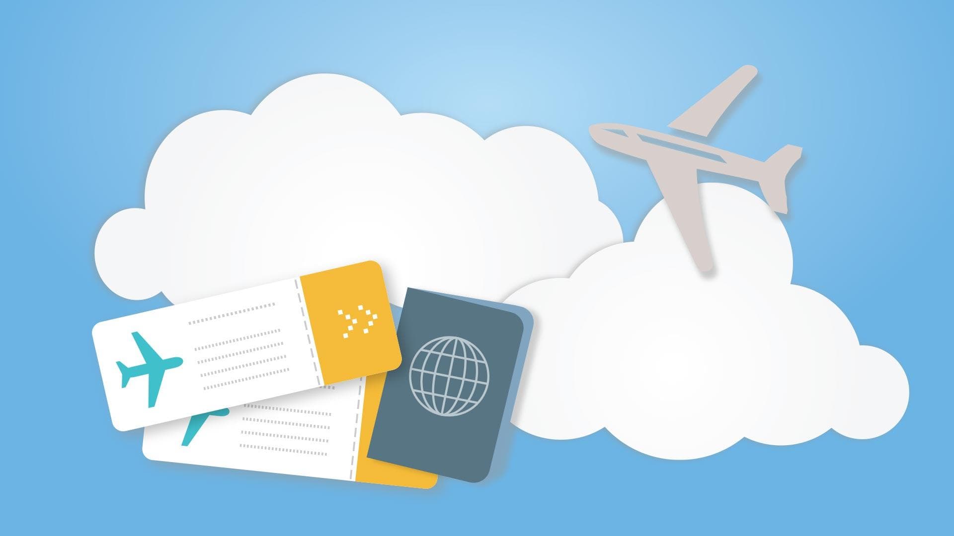 Clouds, plane, tickets and passport