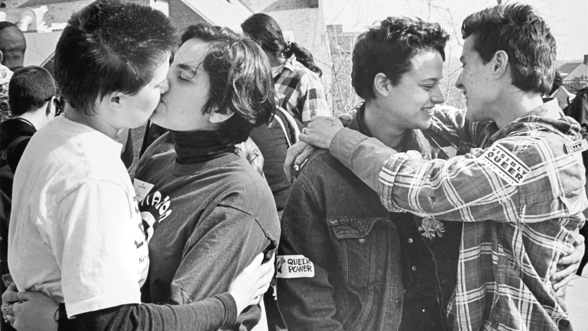 black and white photos of same-sex students kissing