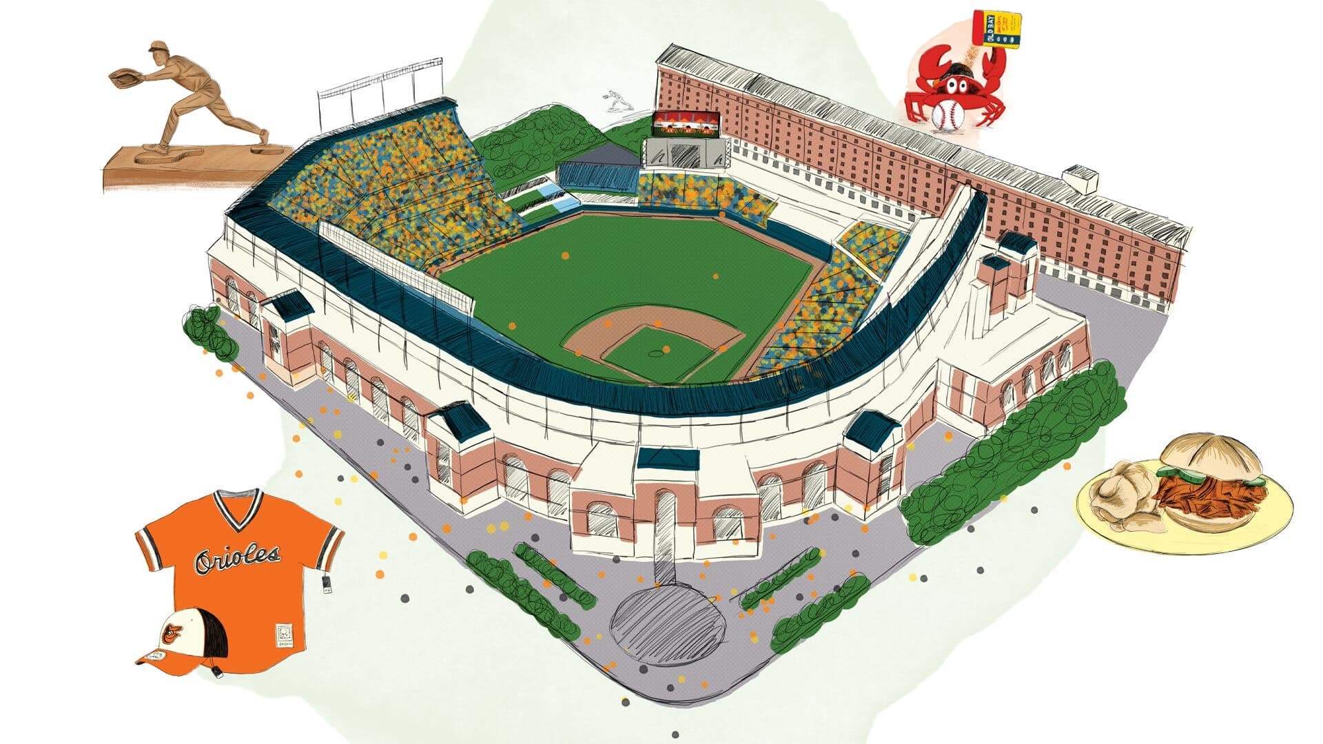 illustration of camden yards stadium with lil icons of fun activities and delicious foods