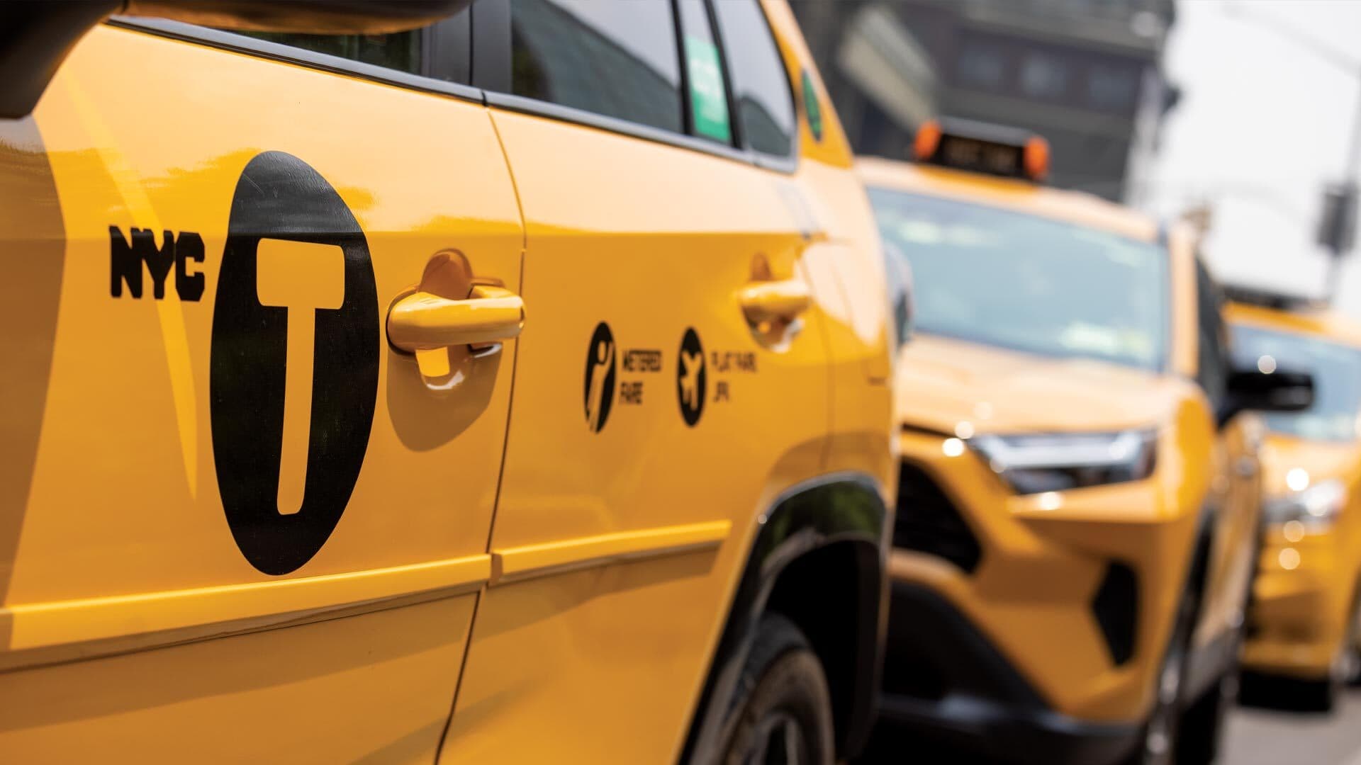 yellow NYC taxis in a line