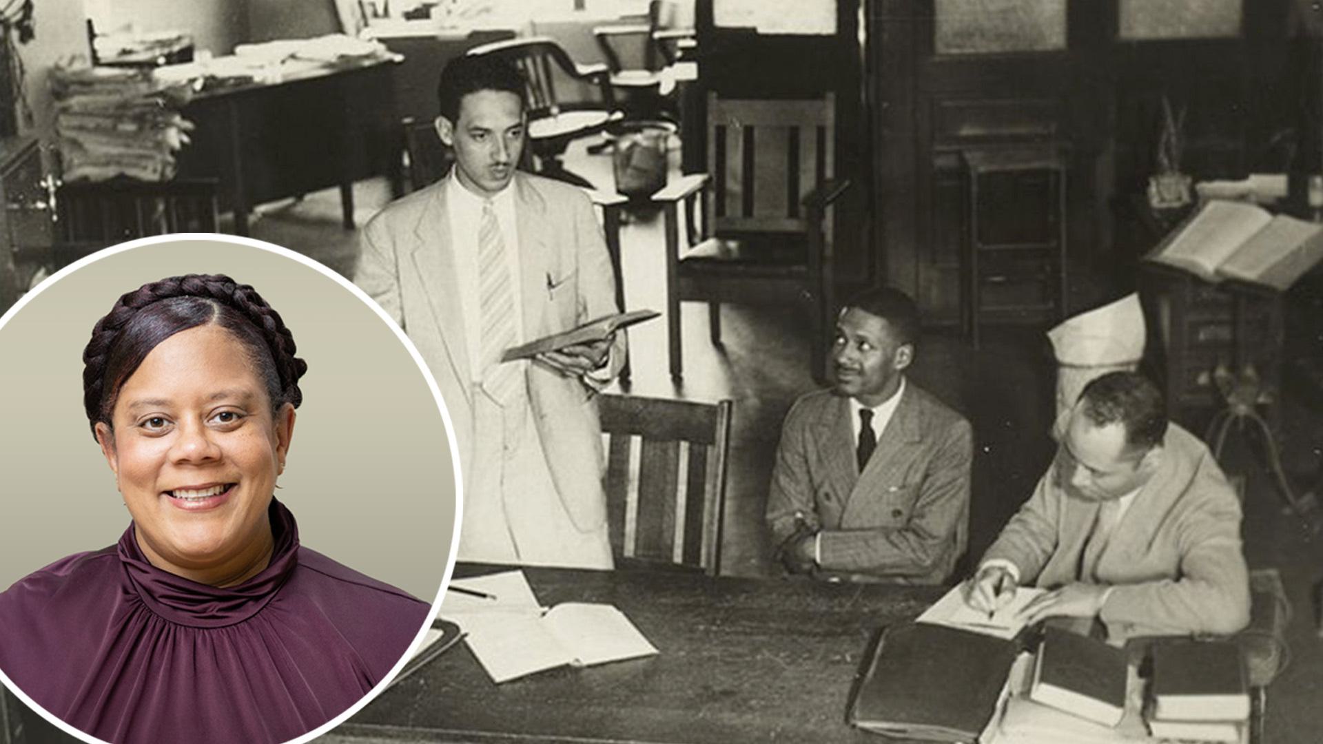Alana Murray headshot on top of photo of Thurgood Marshall, Donald Murray and Charles Hamilton Houston