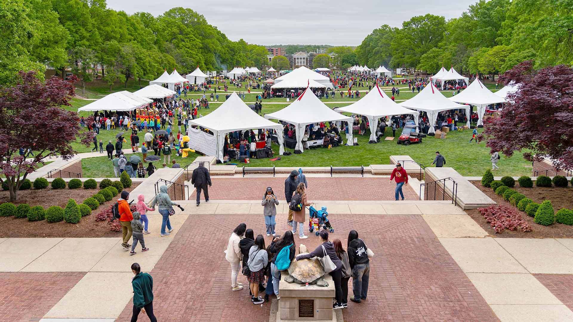 overview of mkeldin mall showing crowd on Maryland Day