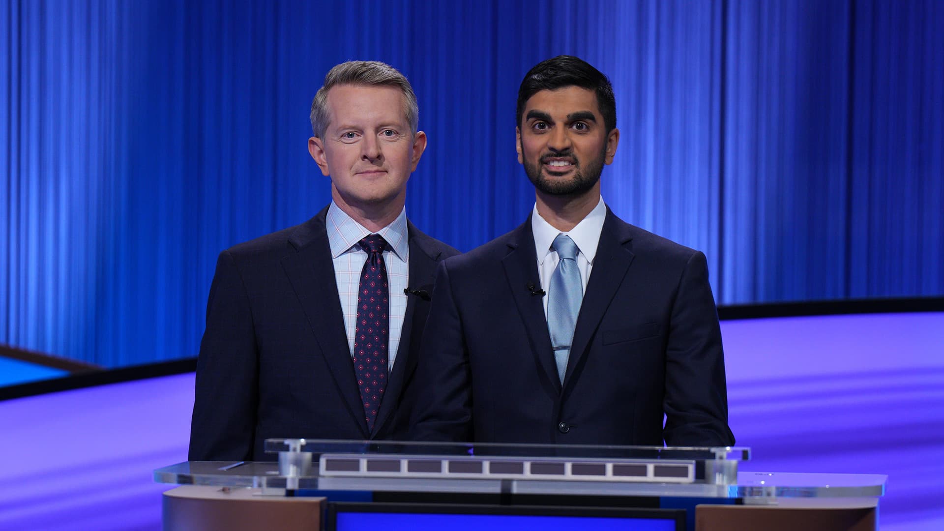 Ken Jennings and Nikhil Joshi on "Jeopardy!" set