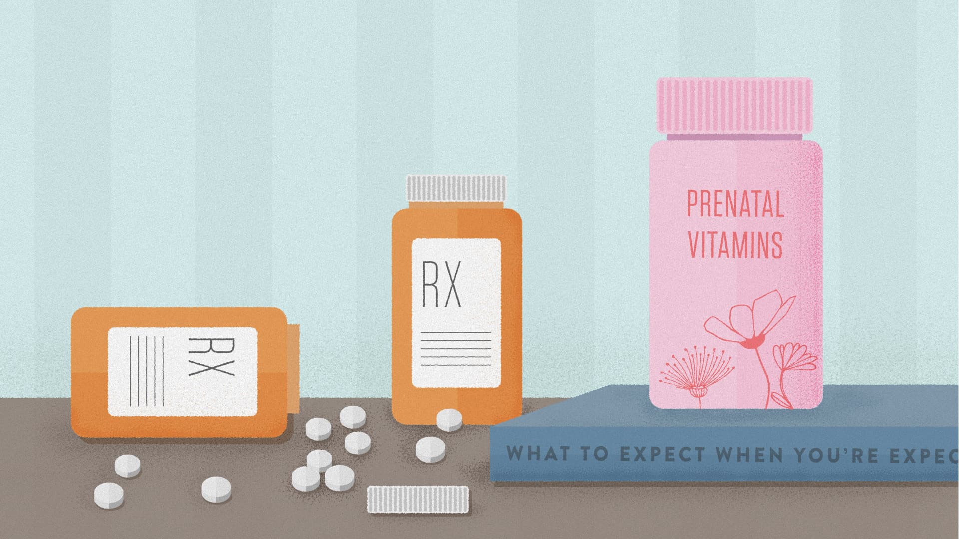 Illustration of a spilled bottle of pills next to a bottle of prenatal vitamins and a book about what to expect when you're expecting