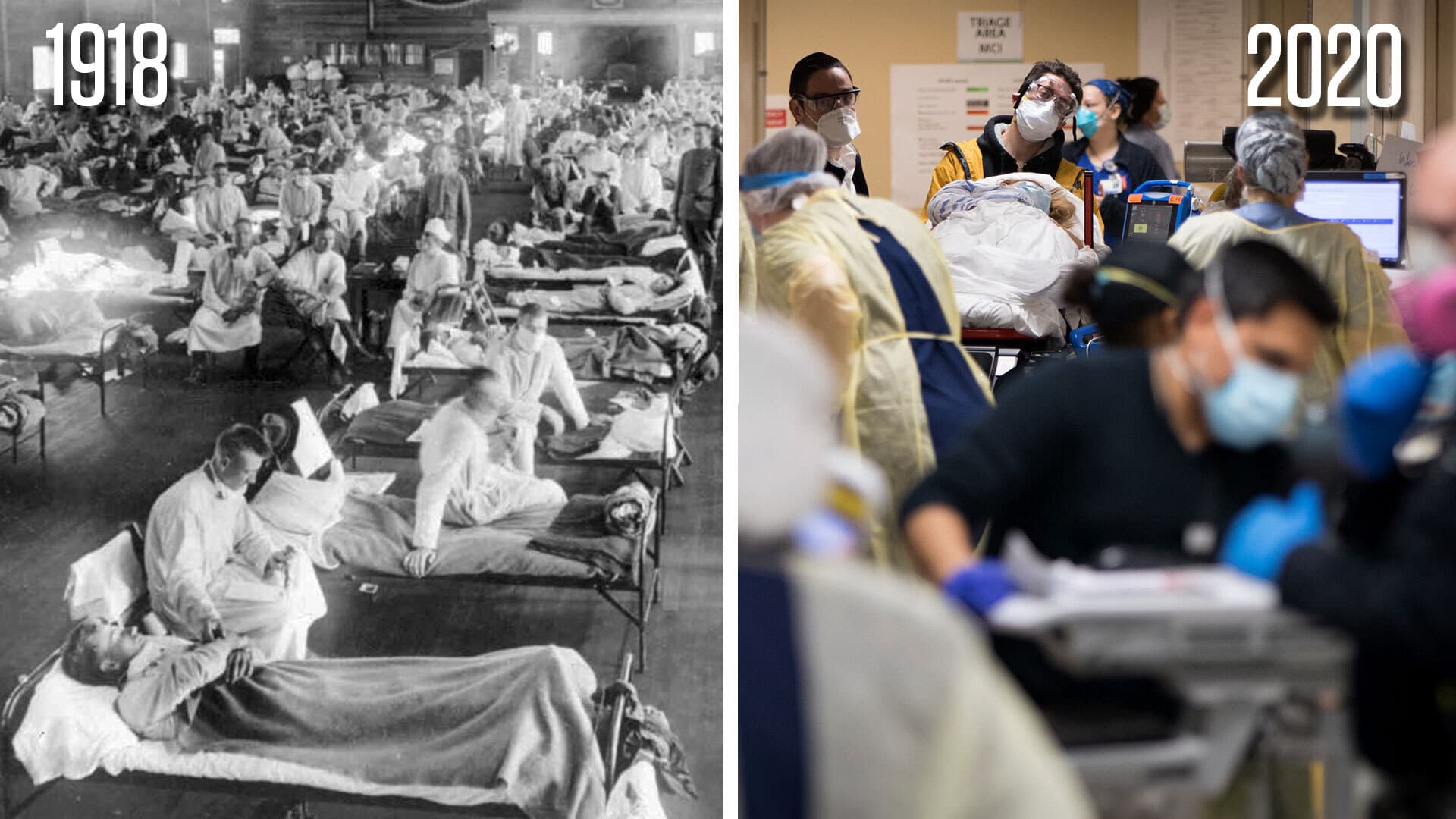 Flu patients convalesce in a makeshift Kansas hospital (left), while emergency medical personnel scurried to provide care as coronavirus victims overflow into a hallway in a New York hospital in April.