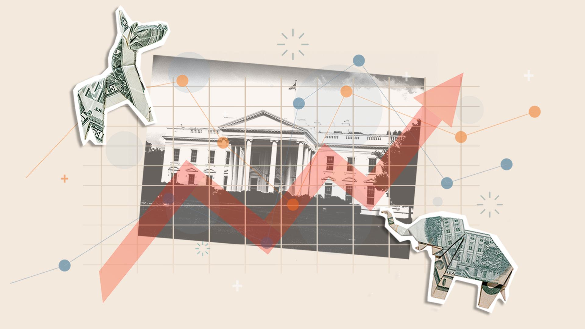 White House with arrow pointing up and origami donkey and elephant made from dollar bills
