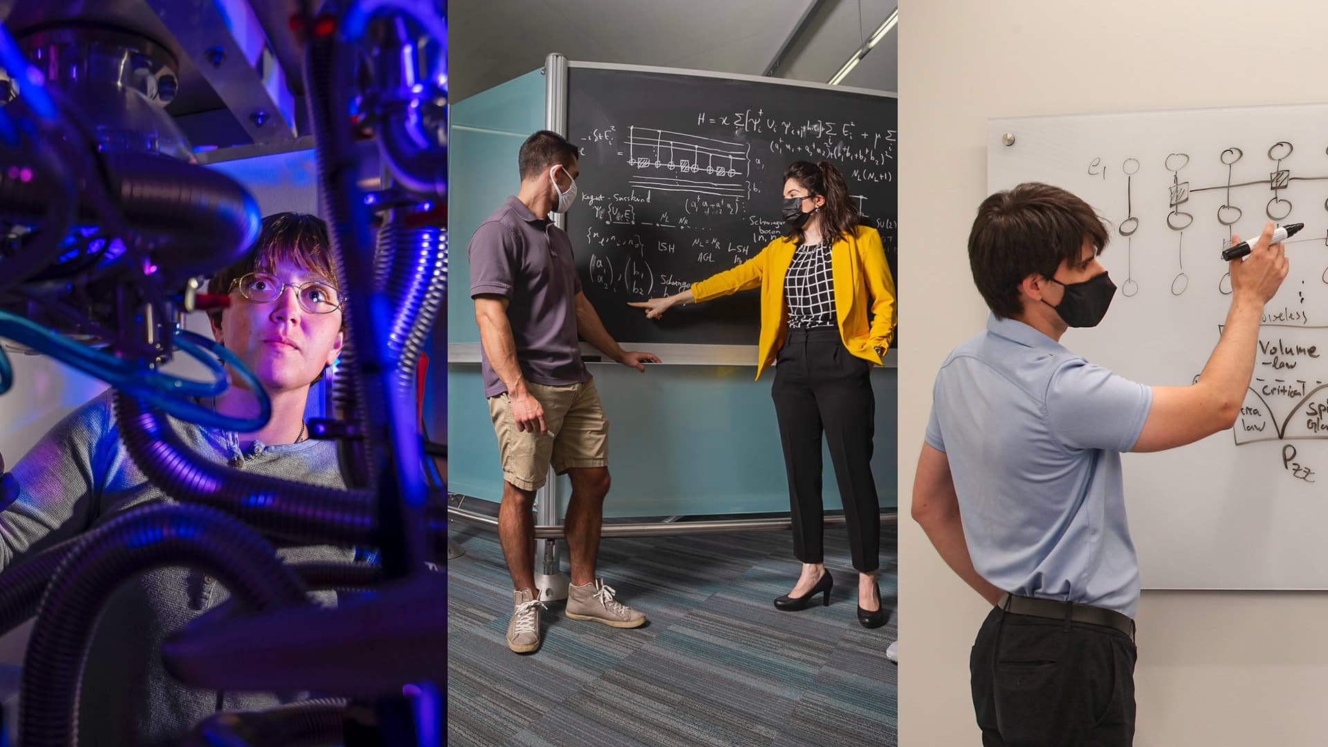 collage of researchers in lab and at chalkboard/whiteboard