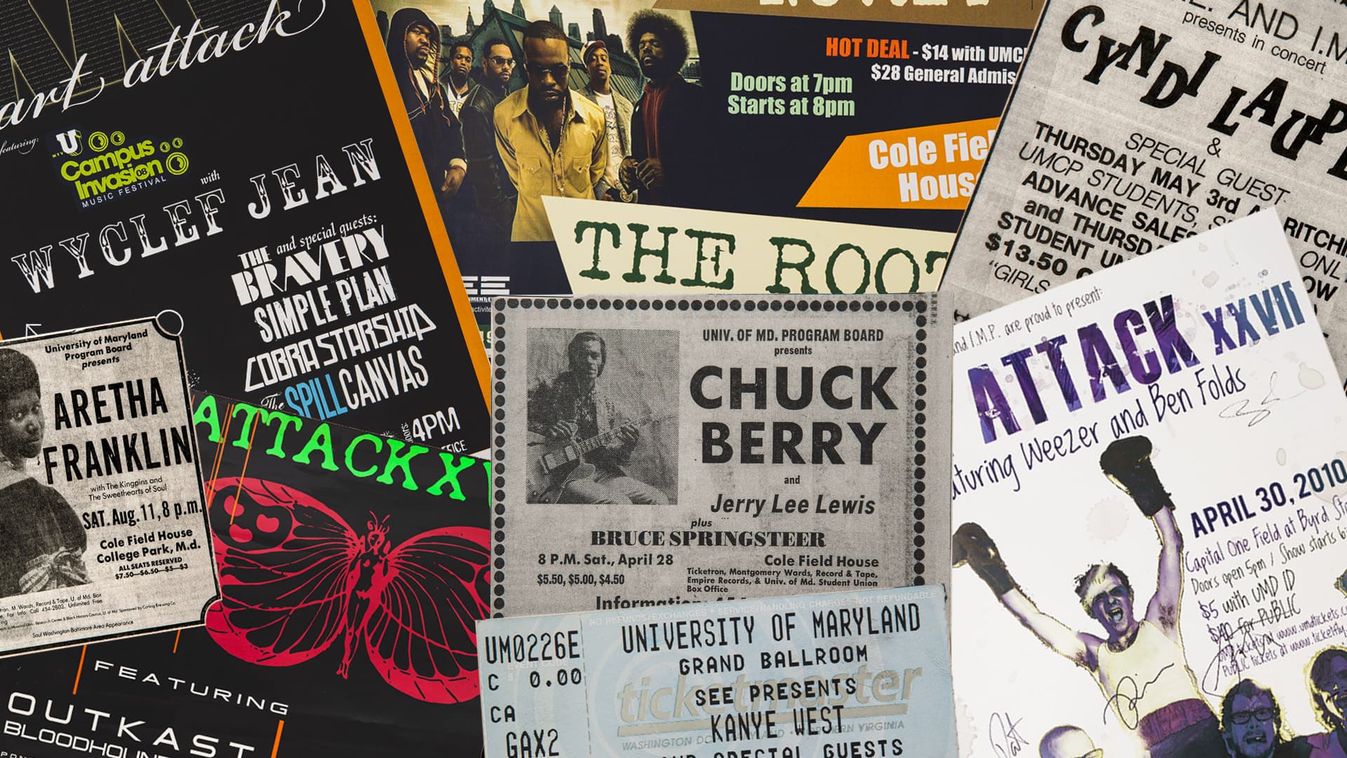 Collage of programs, posters and ticket stubs from SEE shows