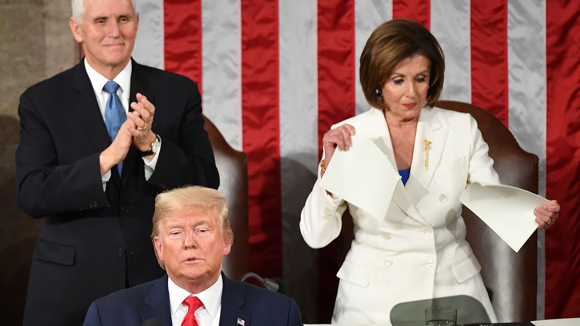 Speaker of the House Nancy Pelosi rips up her copy of President Donald Trump's State of the Union speech after Trump's remarks on Tuesday.