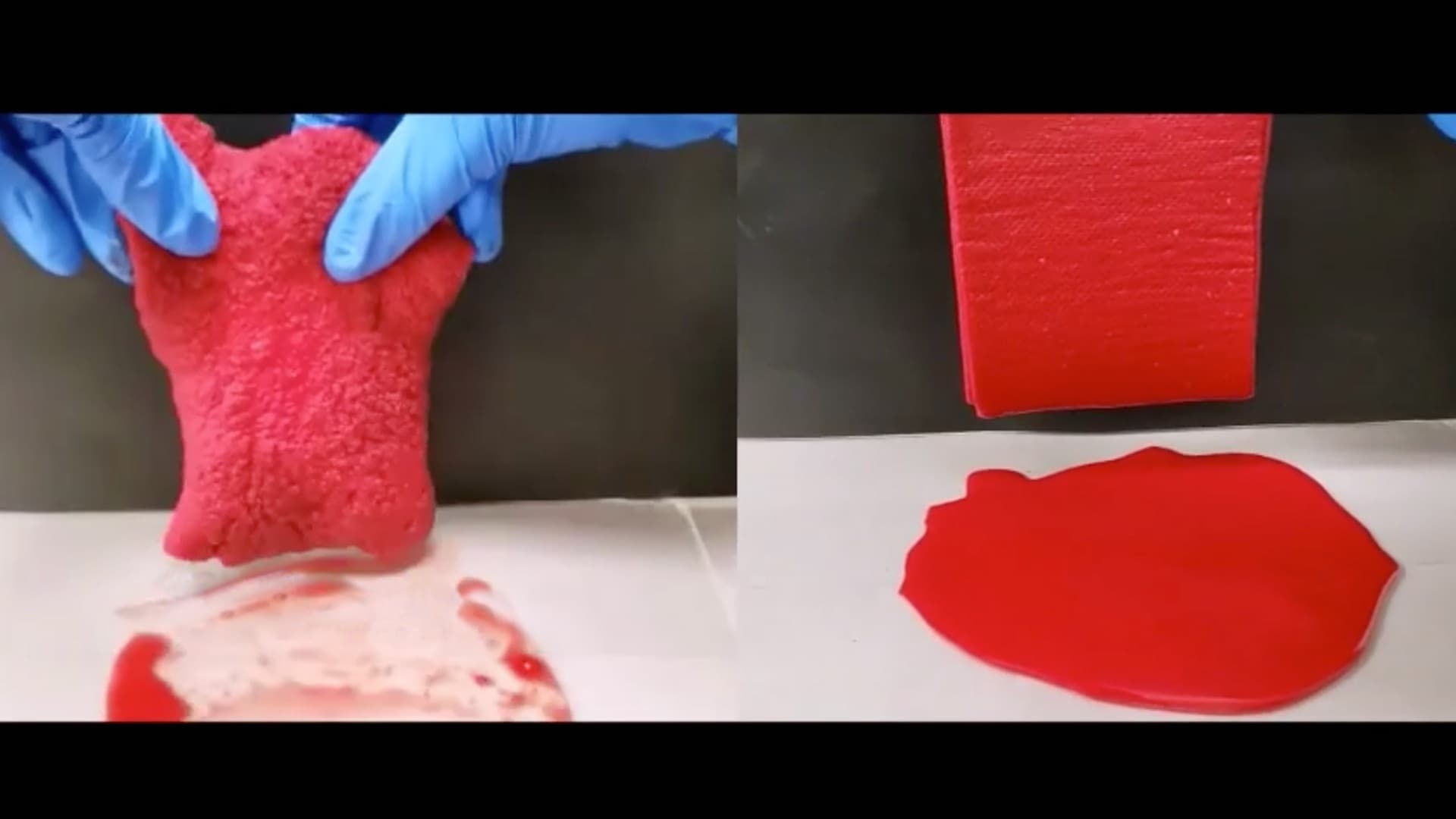 hydrogel sheet vs. gauze absorbing red liquid