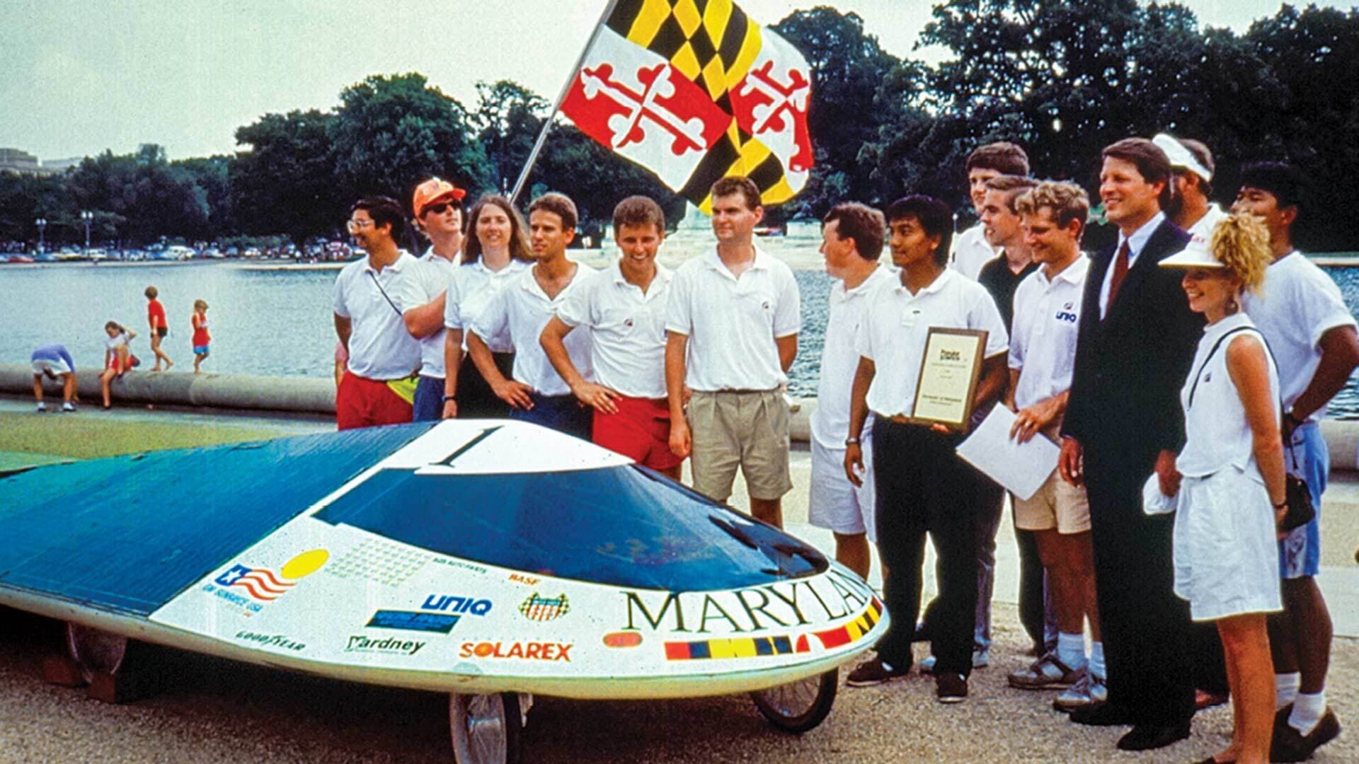 The solar-powered Pride of Maryland, designed and built by students, shown here with then Vice President Al Gore, placed third in the 1990 GM Sunrayce USA.