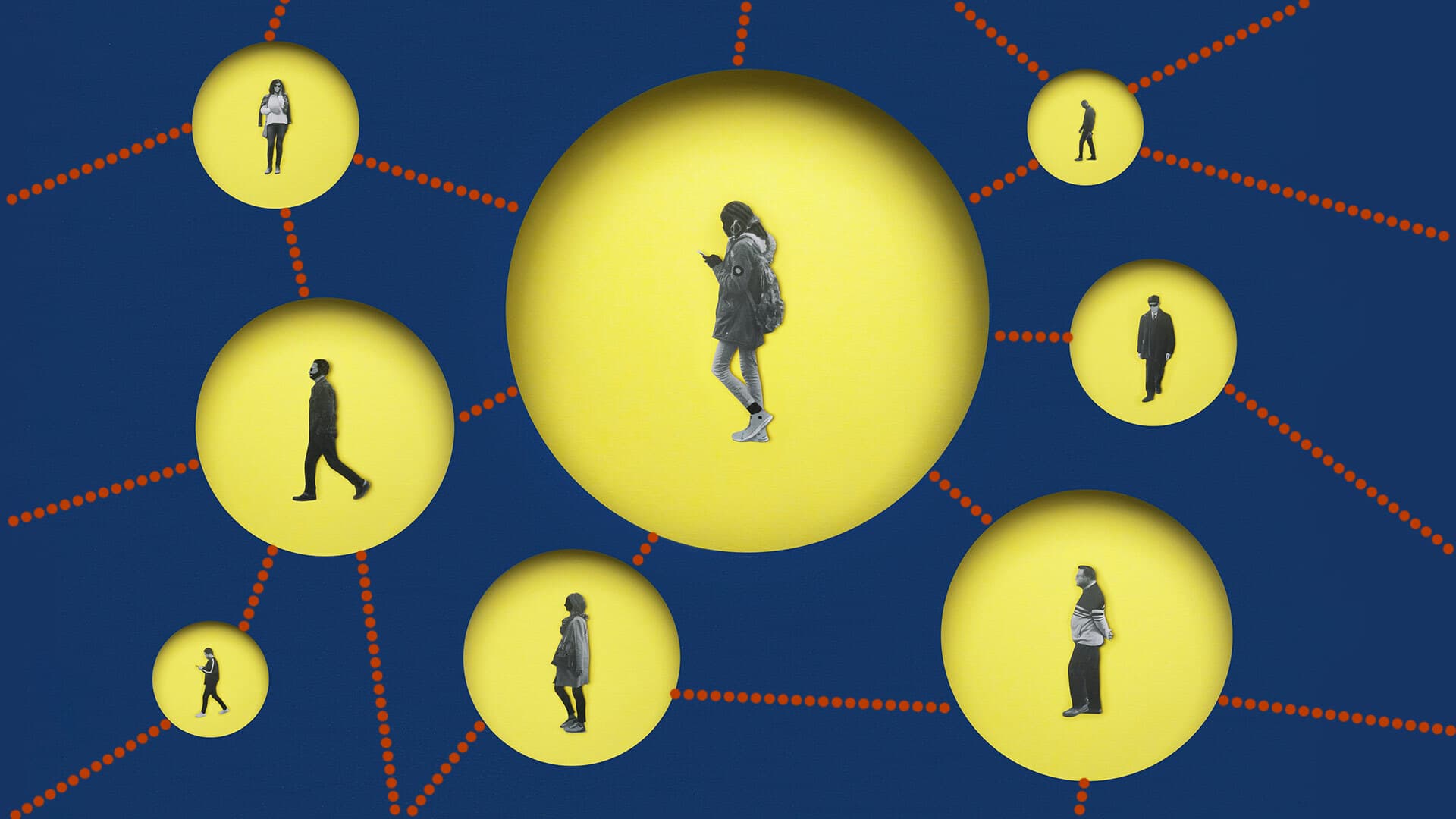 Photo illustration of people in yellow circles connected by dotted orange lines
