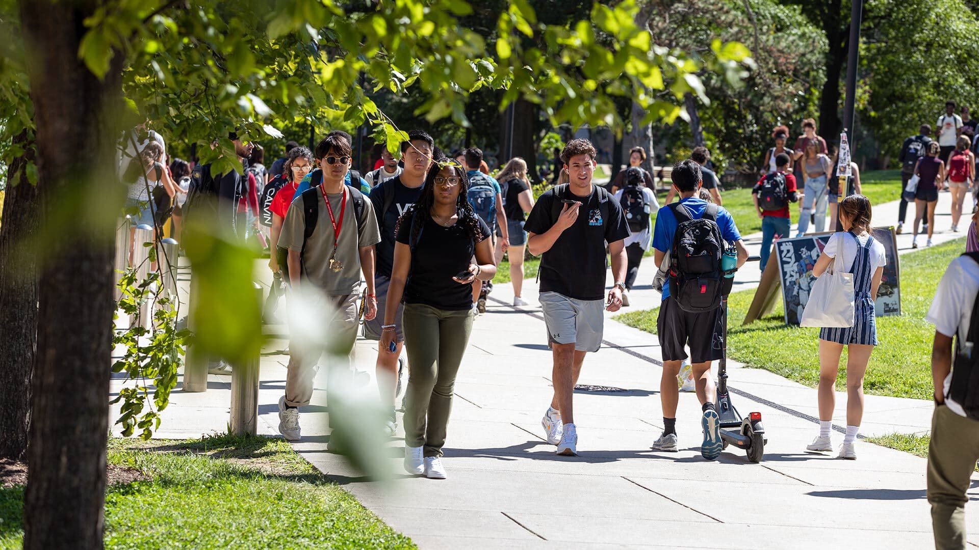 crowd of students walking on a sidewalk