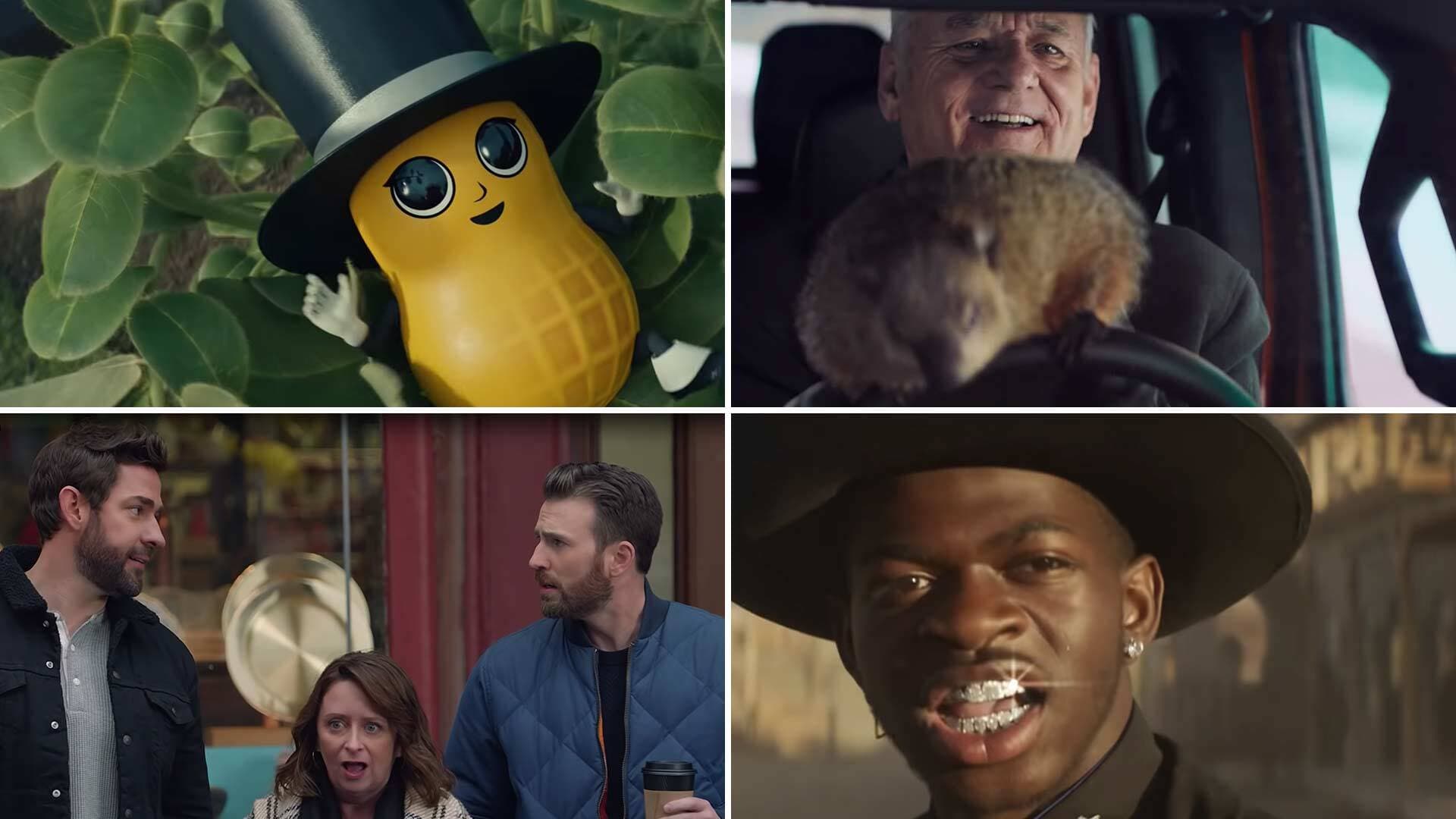 Collage of screengrabs from Super Bowl ads: Baby Mr. Peanut, Bill Murray, John Krasinski, Rachel Dratch and Chris Evans, and Lil Nas X