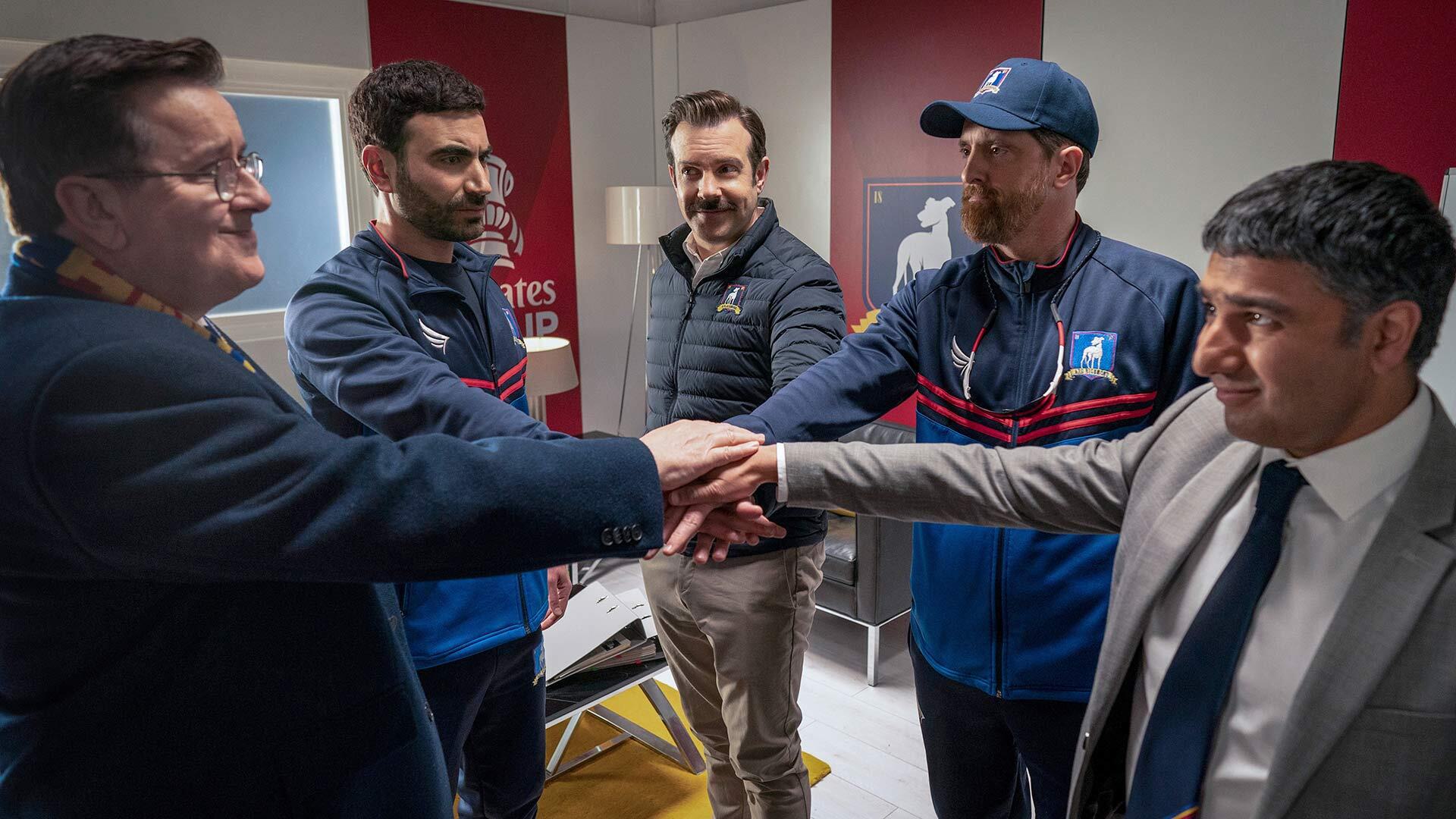 Jeremy Swift, Brett Goldstein, Jason Sudeikis, Brendan Hunt and Nick Mohammed in “Ted Lasso” season two