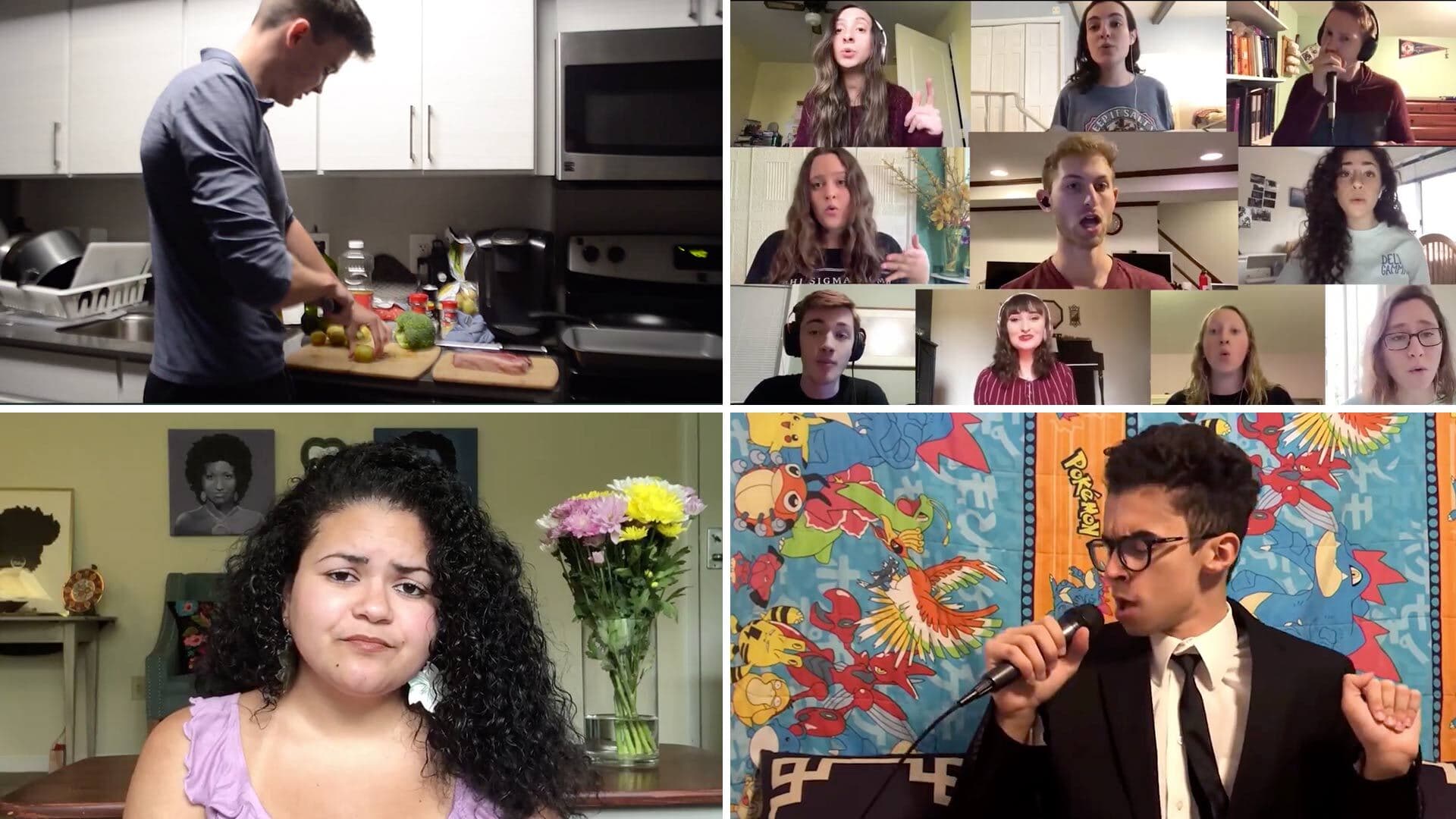 Screengrabs of students cooking, singing and reading poetry