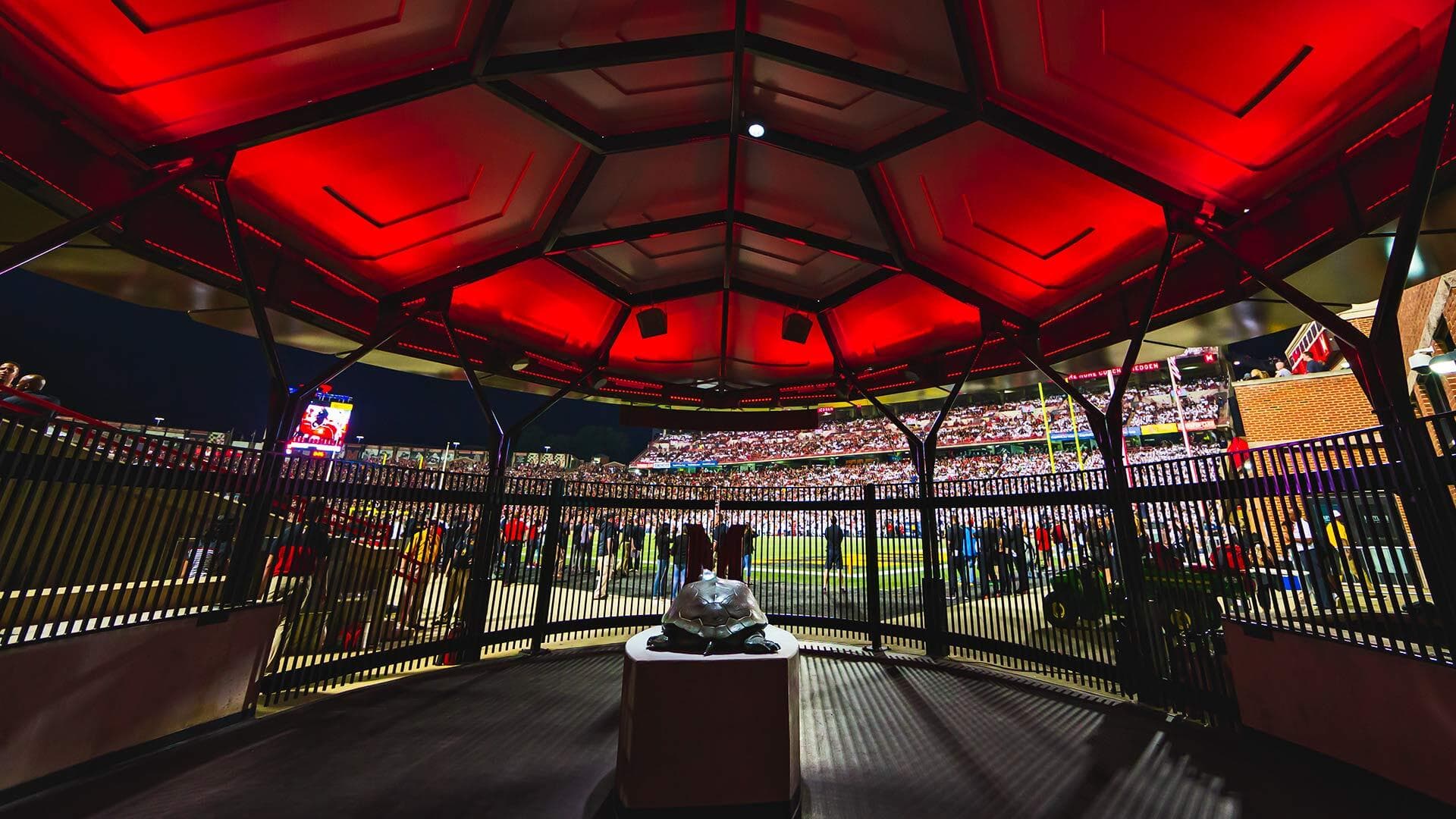 The turtle-shell-shaped Butler tunnel at Maryland Stadium lights up red