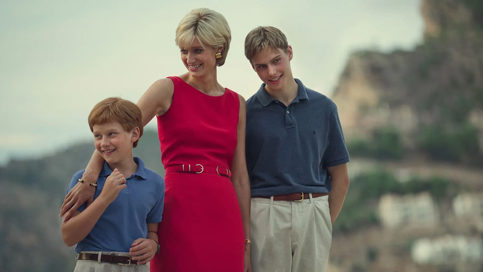Still image from "The Crown" featuring Princess Diana and her two sons