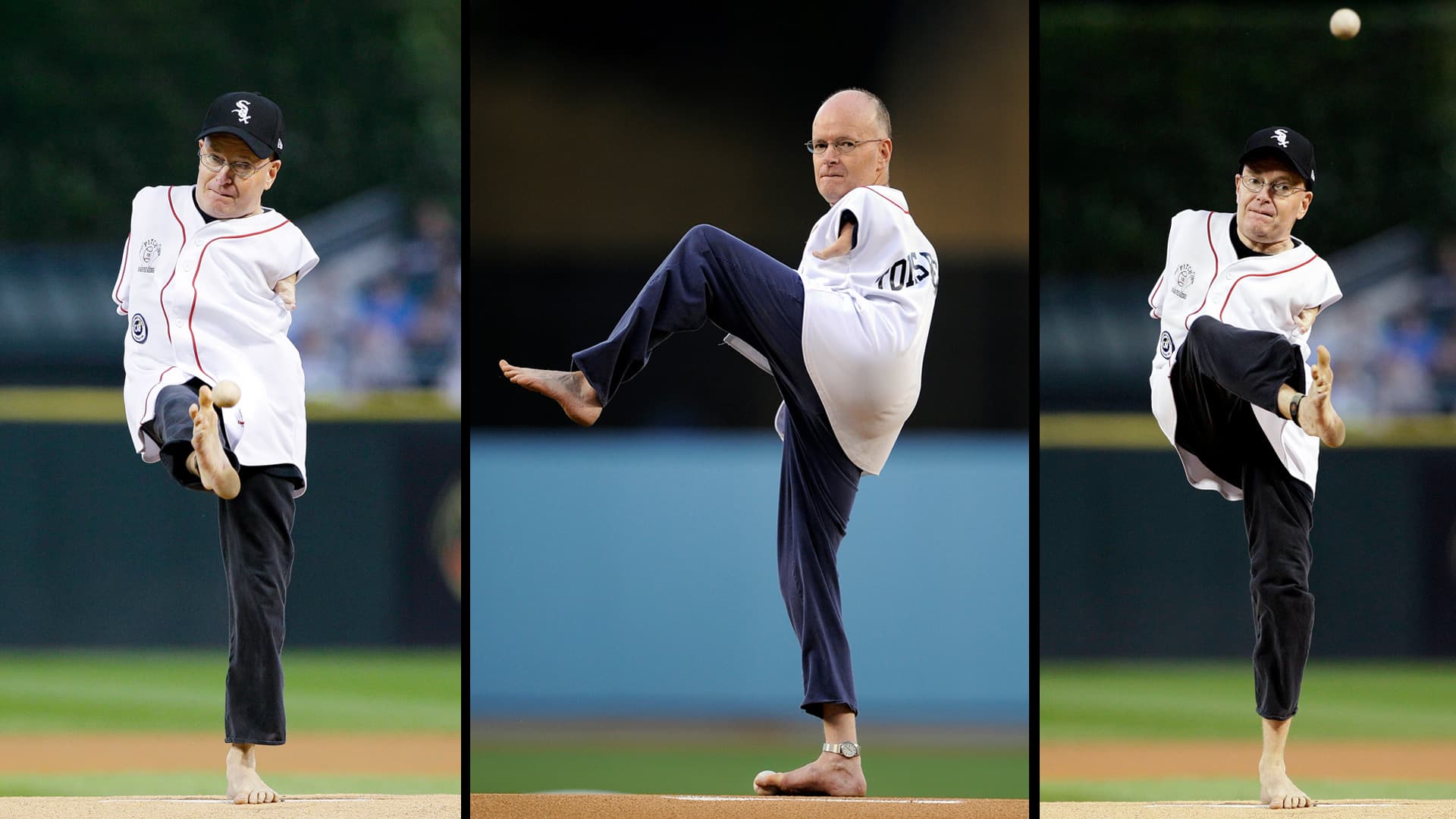 Collage of three images of Tom Willis throwing out the first pitch