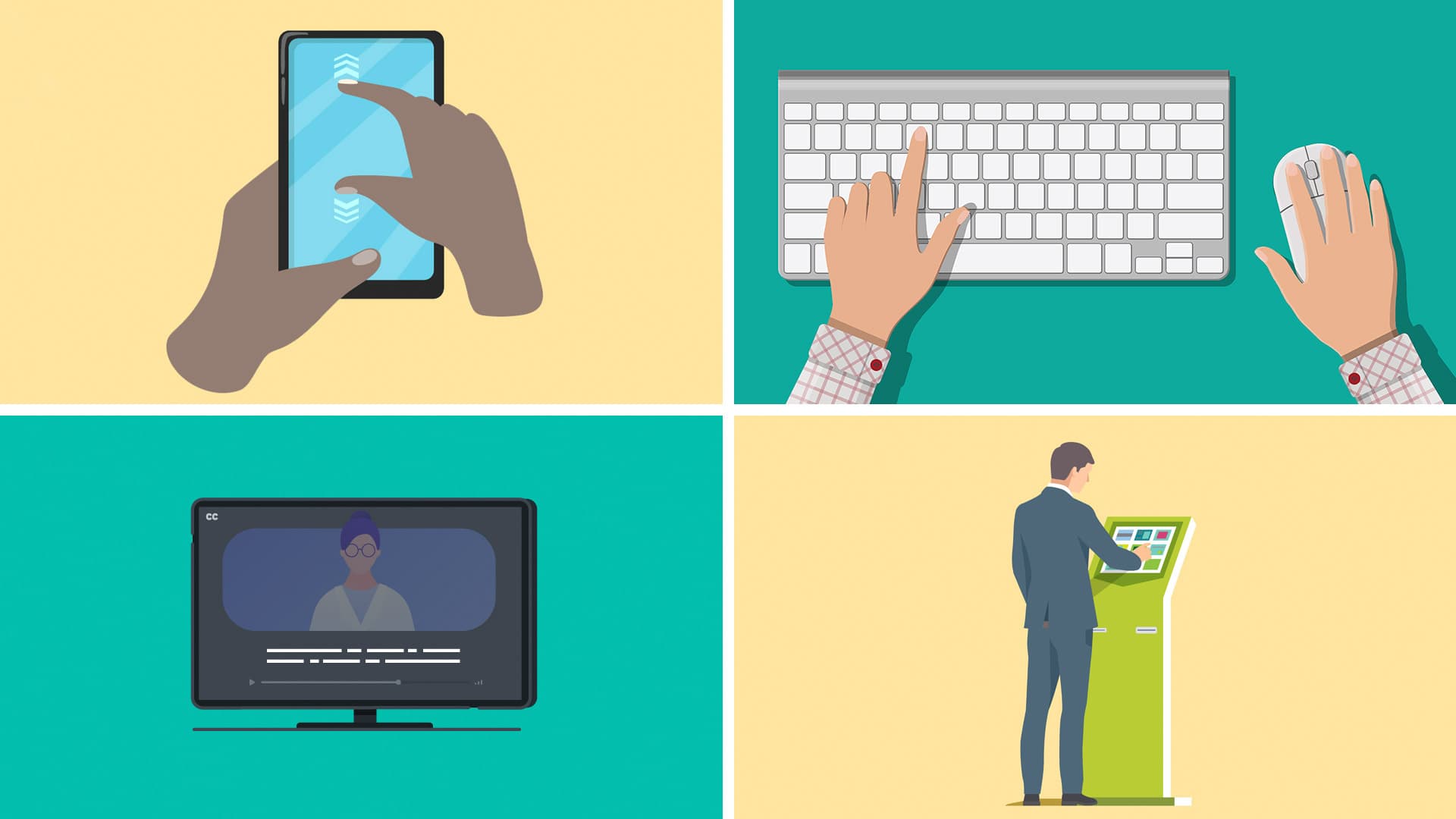 Illustrations of touchscreen, keyboard, video and kiosk
