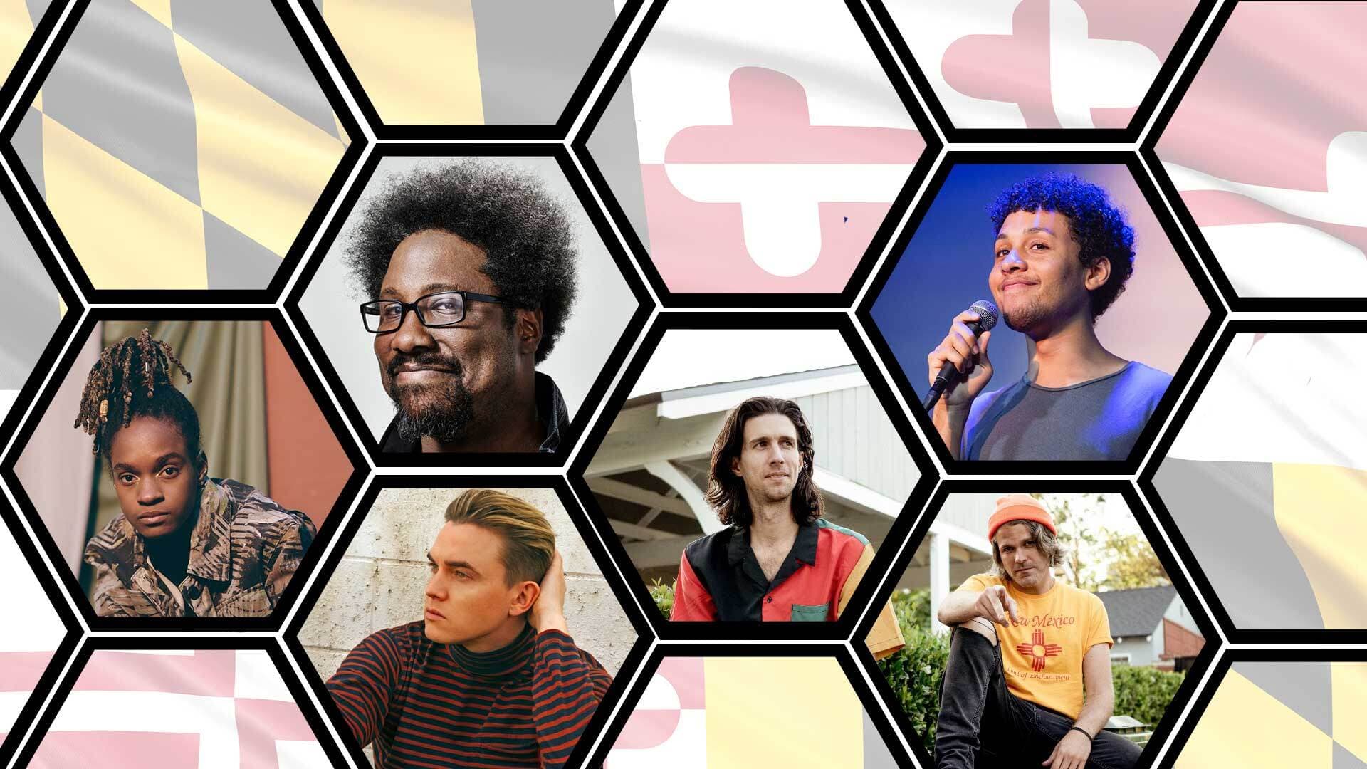 Collage of performers Koffee, W. Kamau Bell, Jesse McCartney, 3OH!3 and Jaboukie Young-White