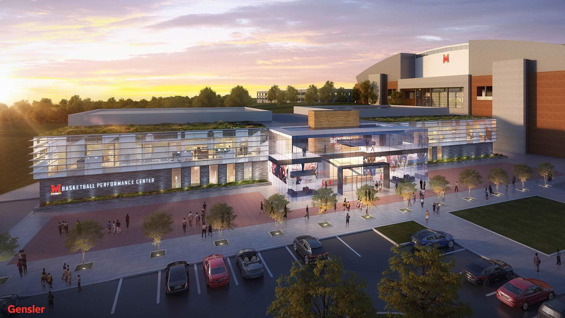 Rendering of exterior of new basketball practice facility next to Xfinity Center
