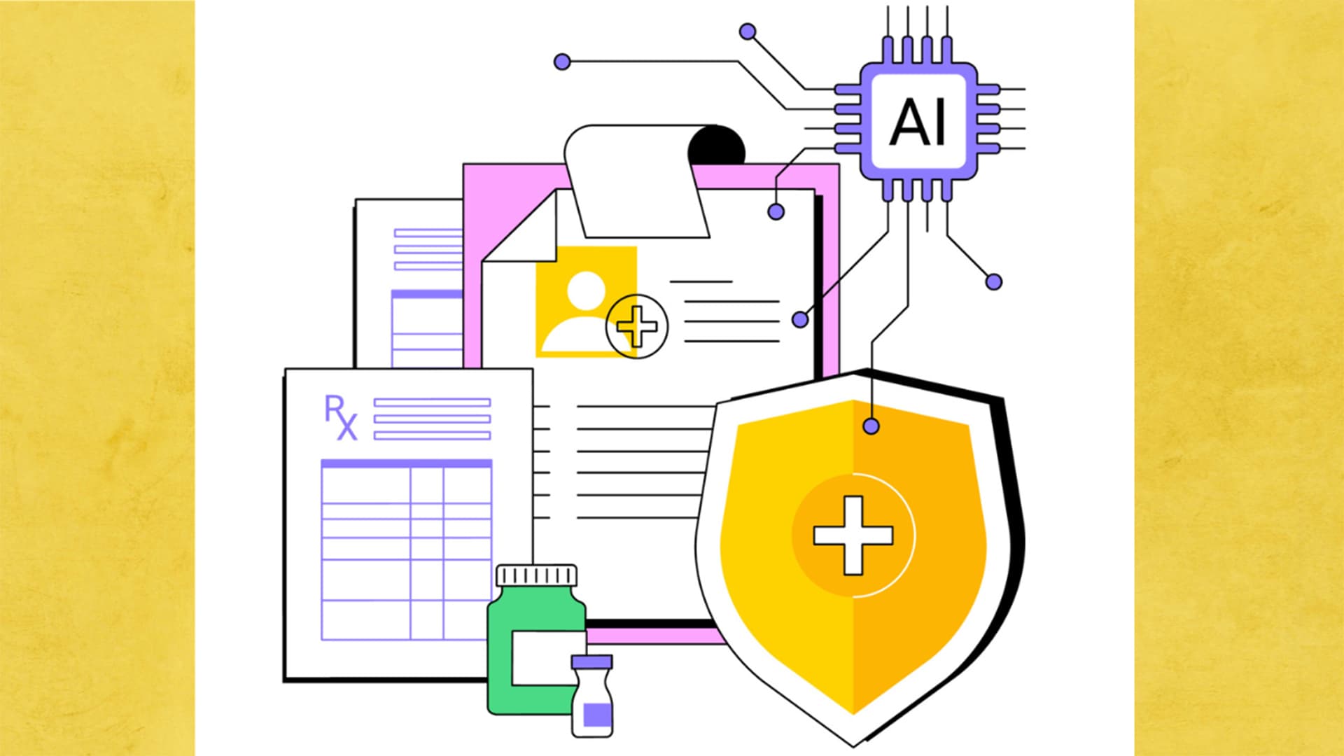 AI connecting prescriptions, medicine bottles, shield