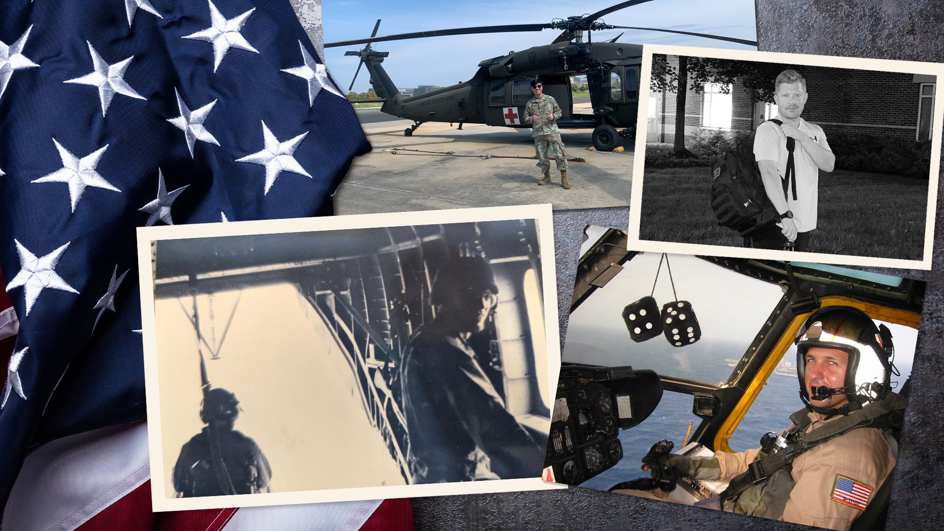 American flag with photos of people serving in the military