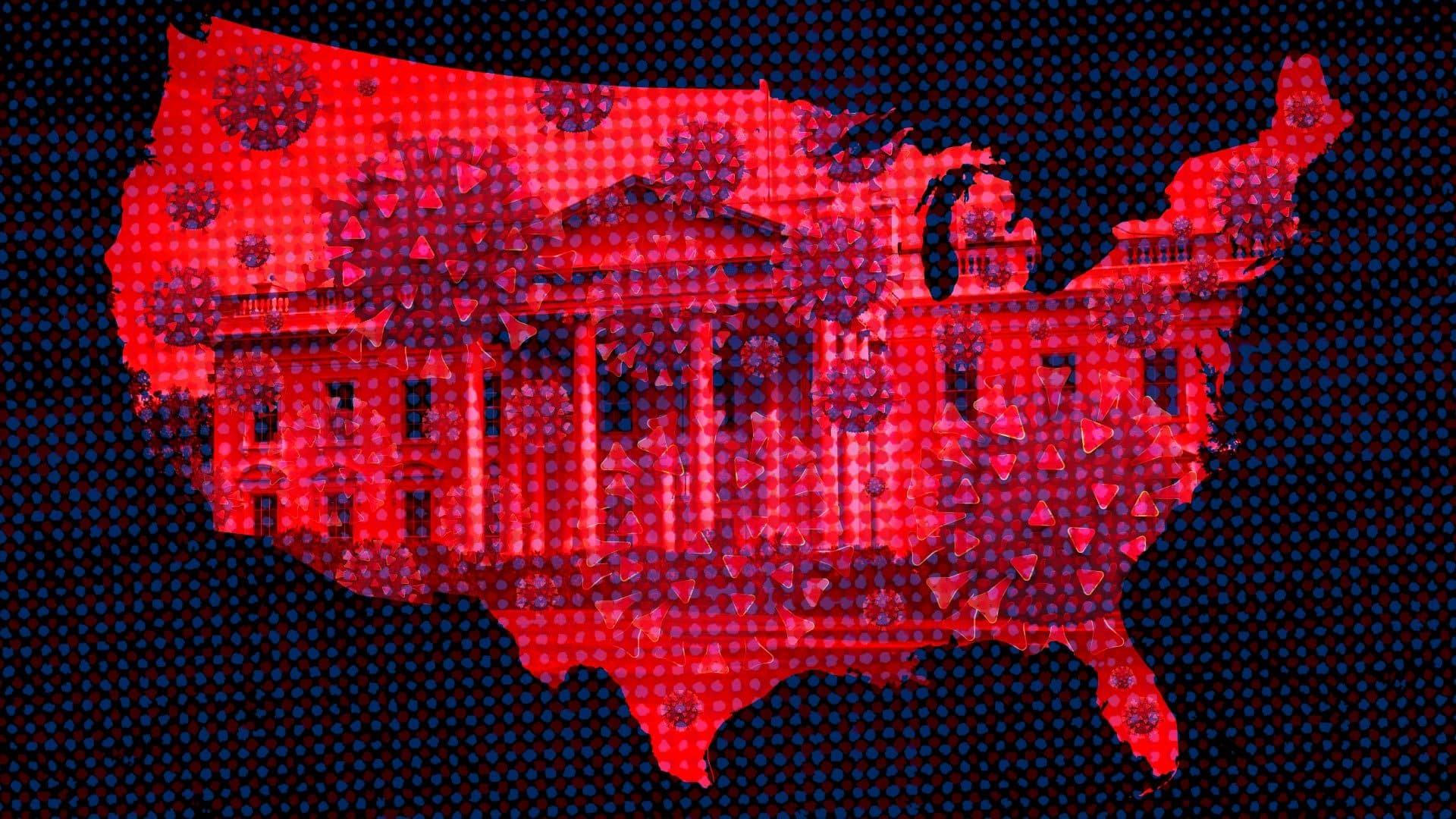 Red illustration of map of U.S., White House and coronavirus