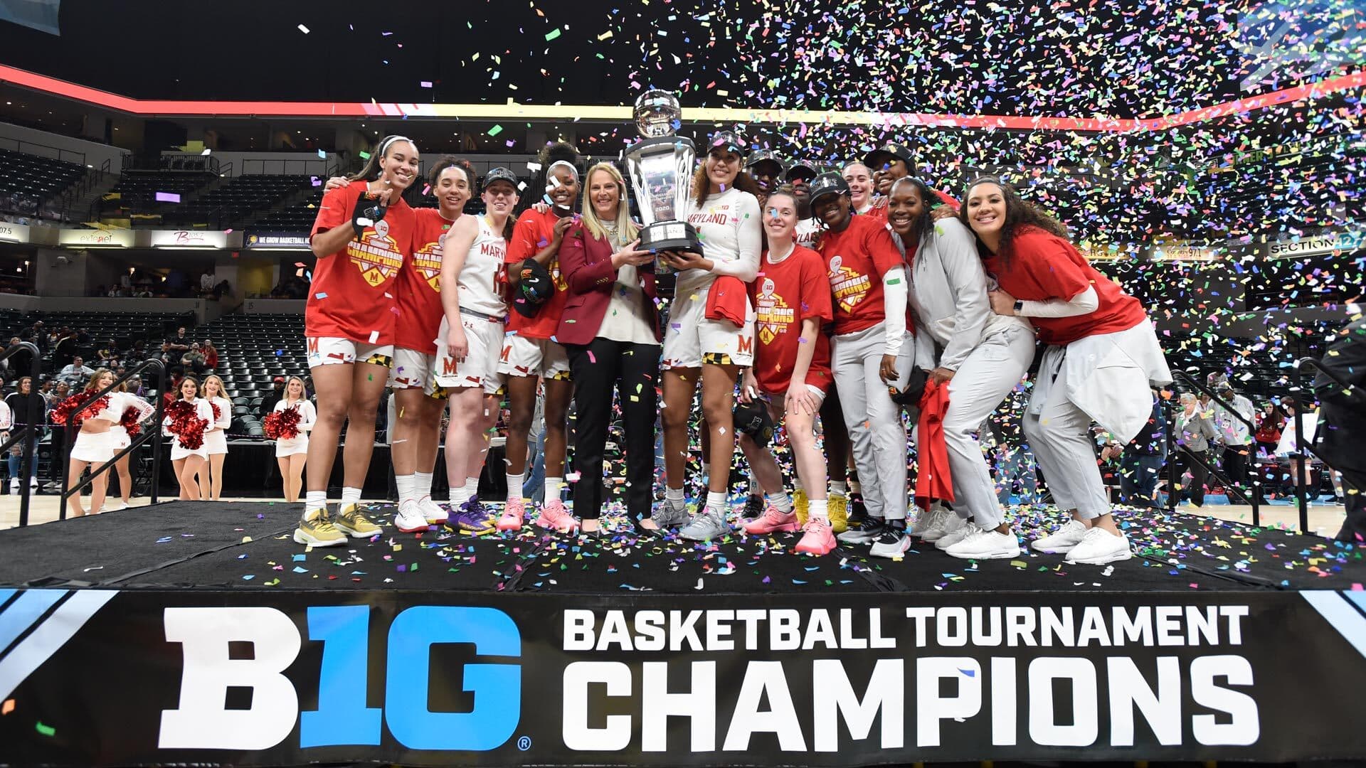 Maryland women's basketball team poses with Big Ten tournament trophy