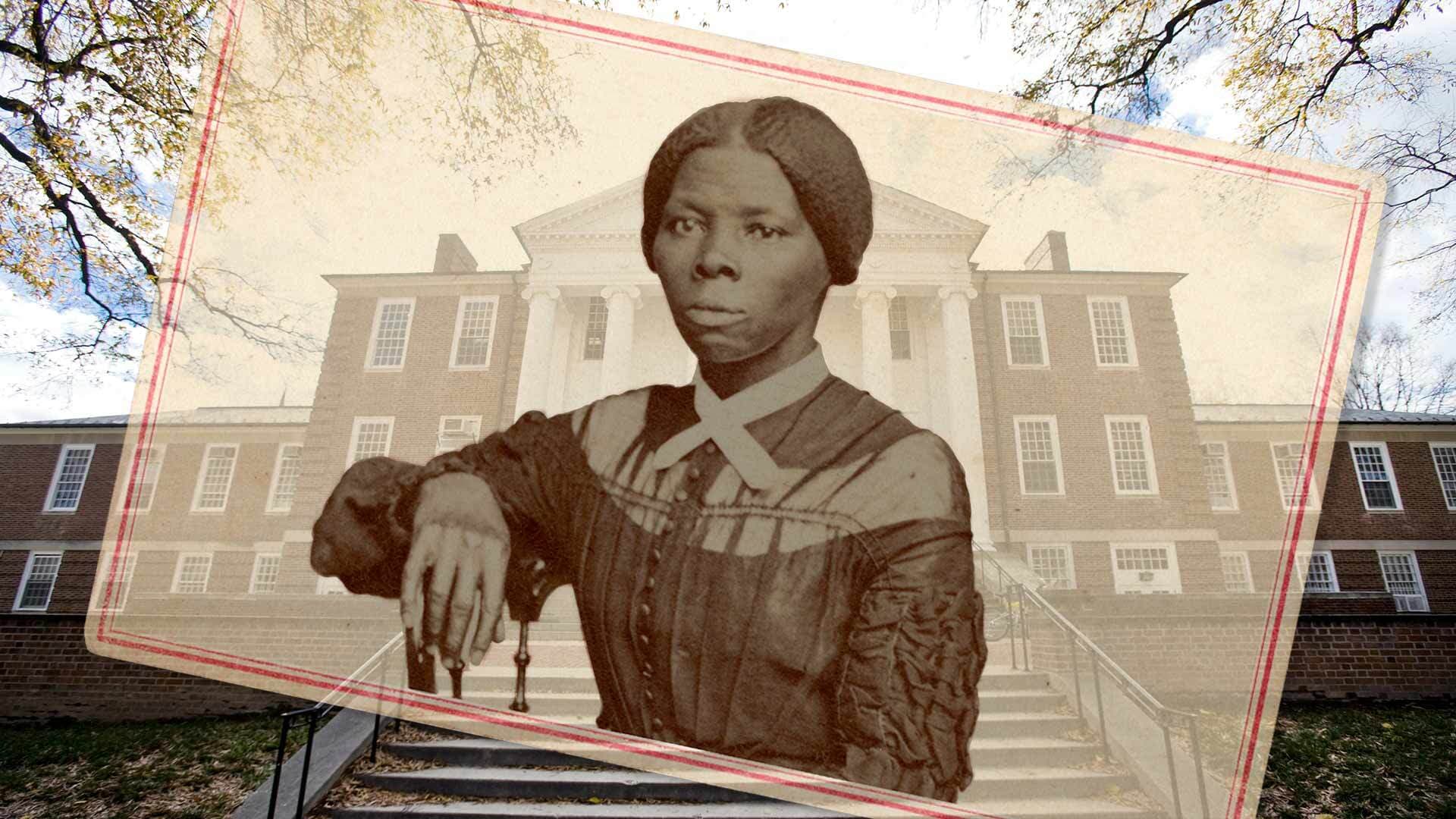 Harriet Tubman photo superimposed over Woods Hall