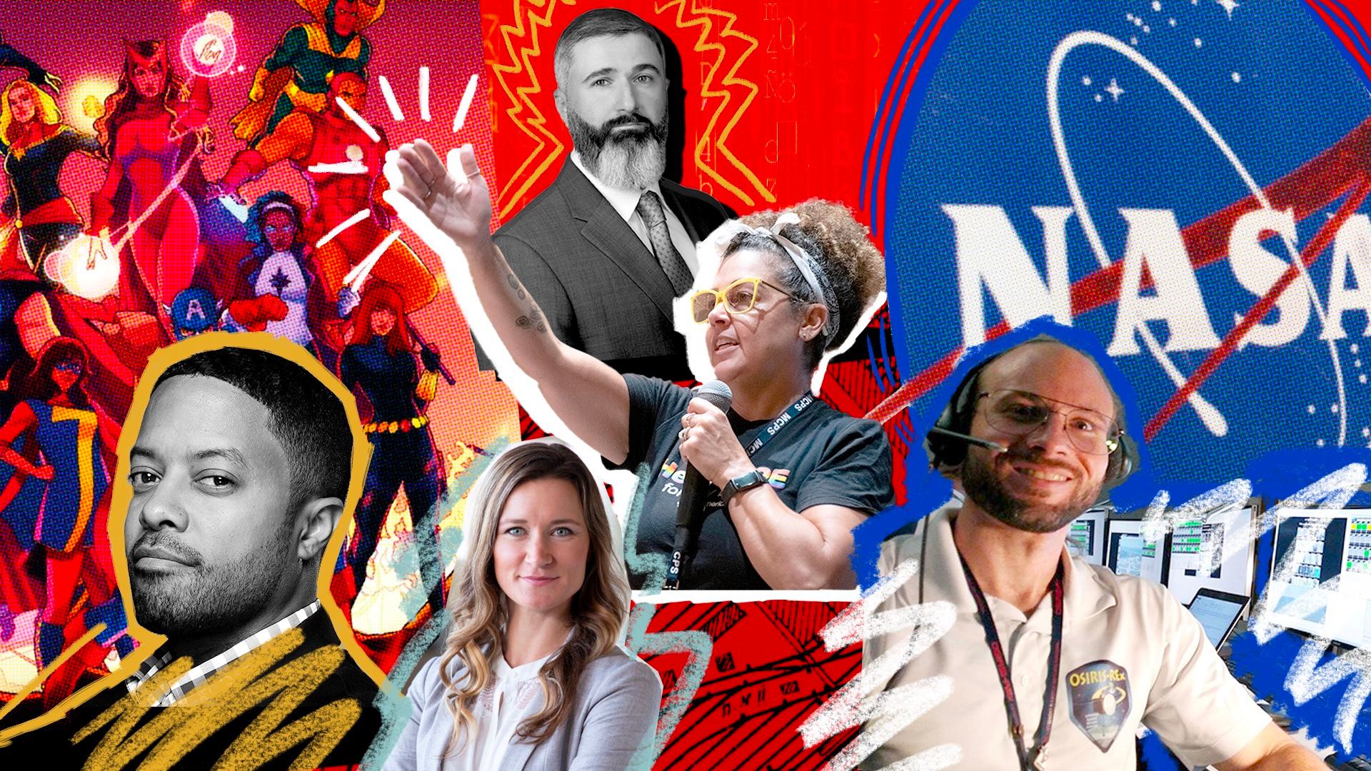 Collage of five adjunct faculty members with comic book characters and the NASA logo behind them