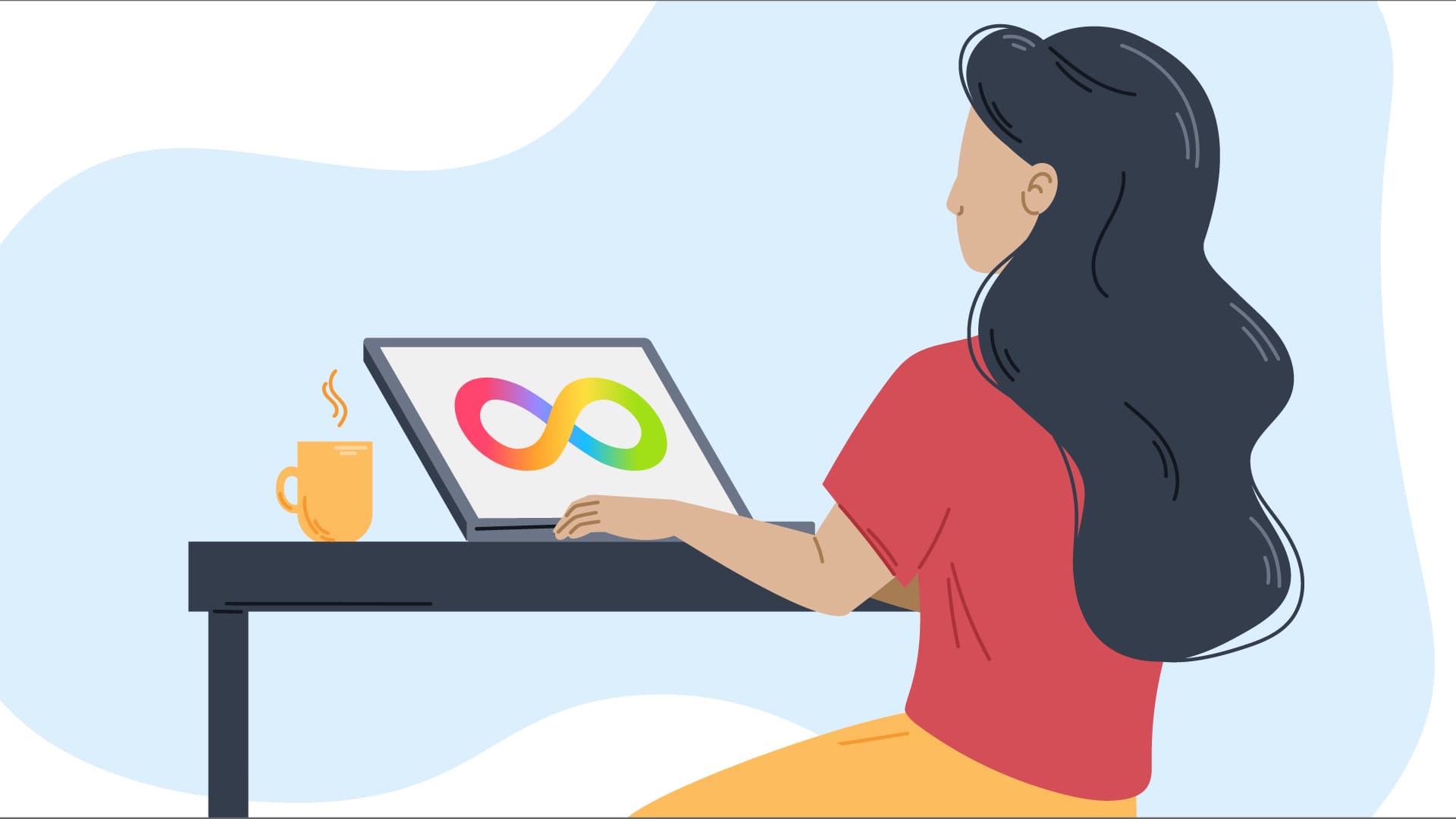 illustration of woman sitting in front of a laptop with a symbol for neurodiversity