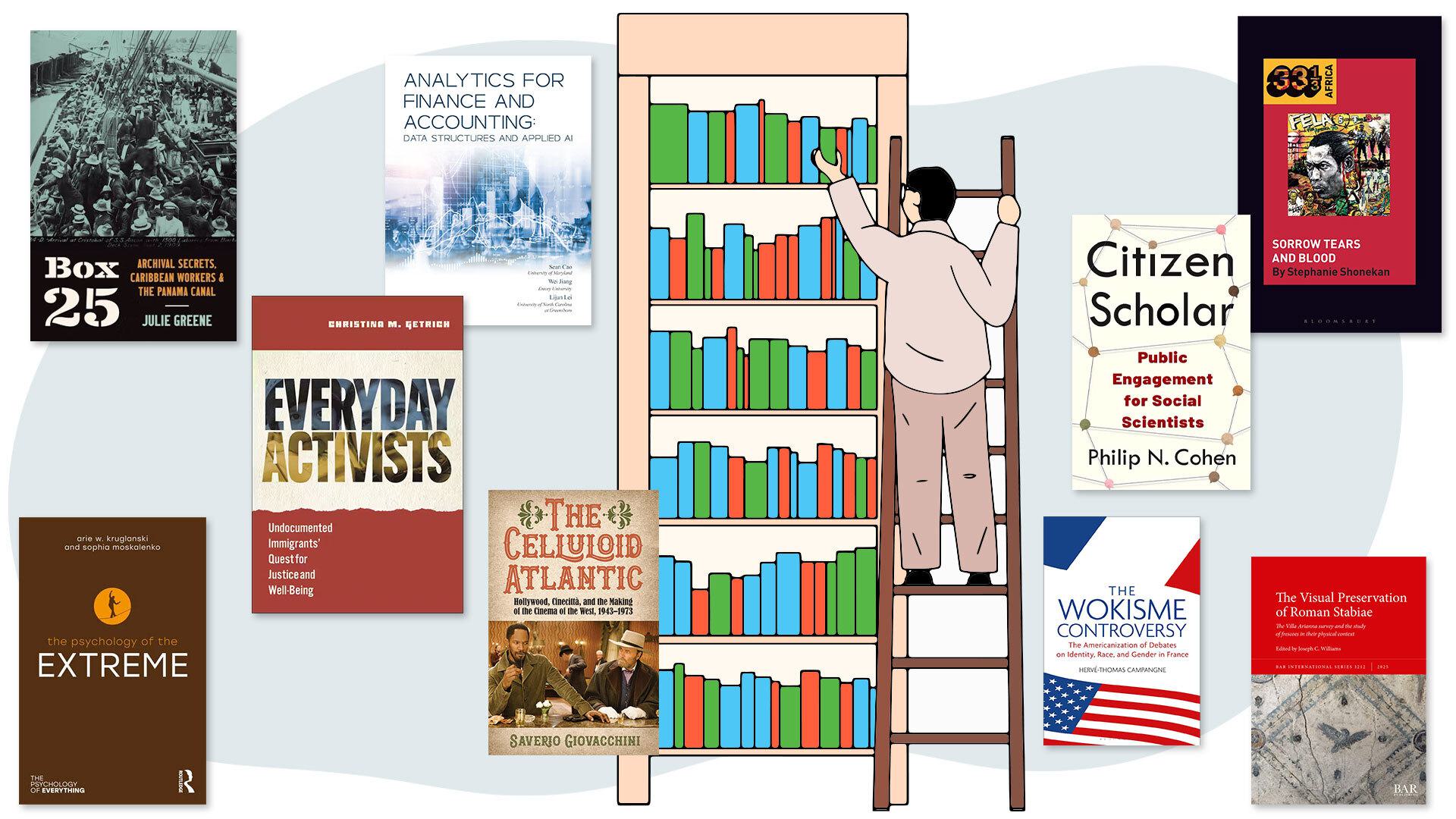 collage of book covers with illustration of man on ladder reaching for book on shelf