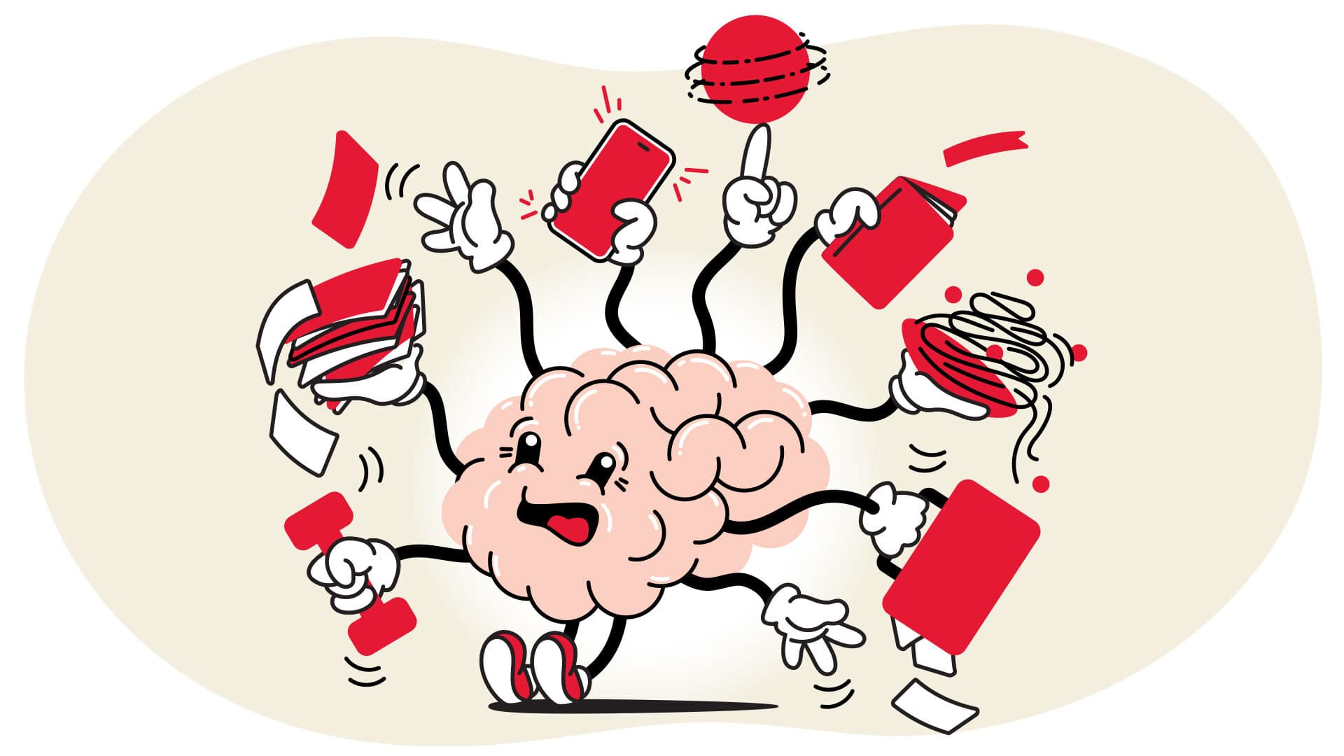 illustration of a cartoon brain trying to stay strong, healthy and stress-free