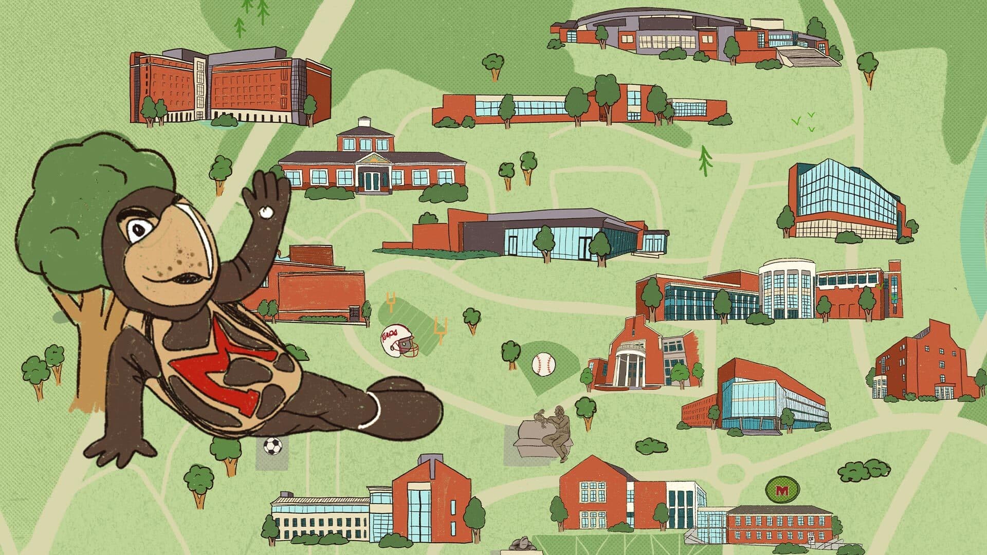 Illustration of Testudo and campus map