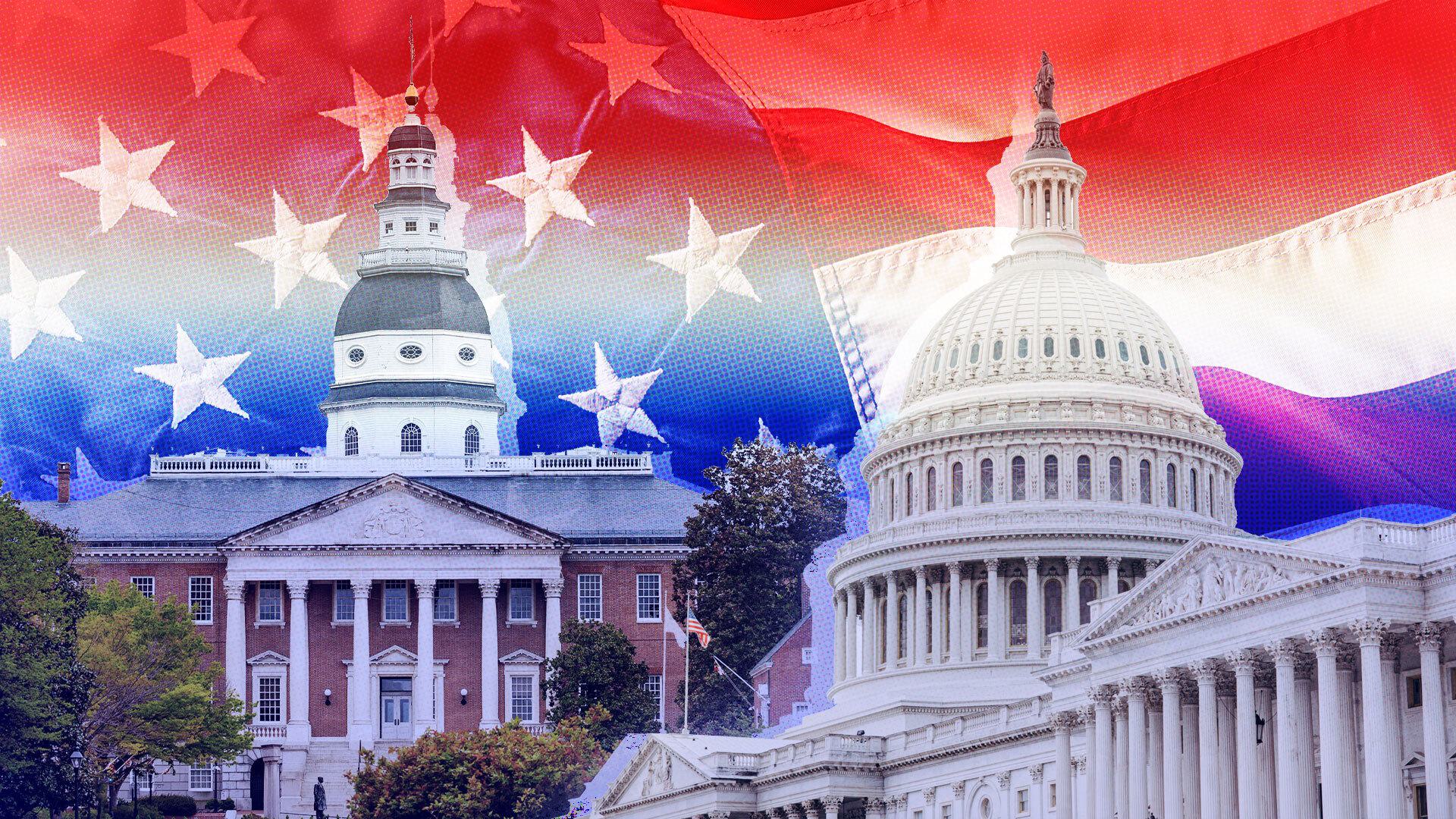 Illustration of the Maryland State House and U.S. Capitol with red, white and blue overlaid
