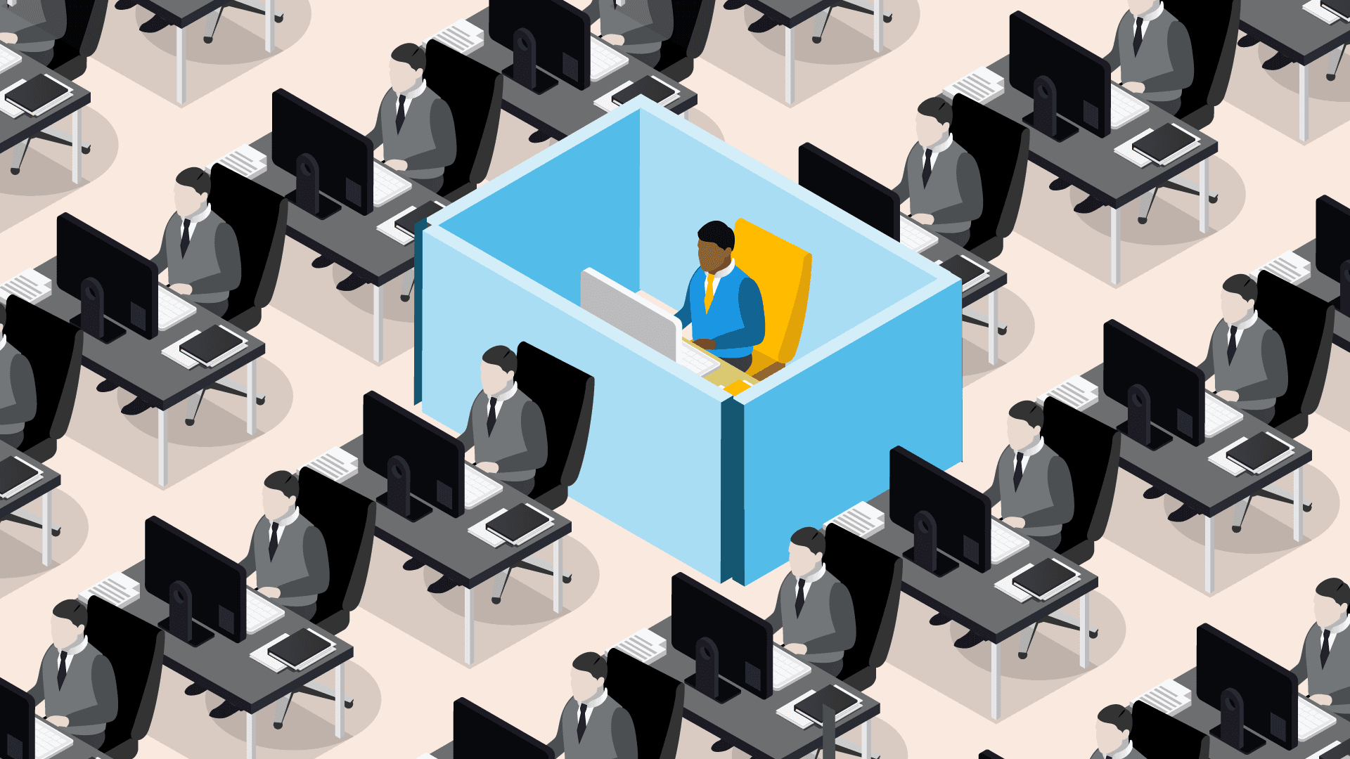 Illustration of man in isolated cubicle