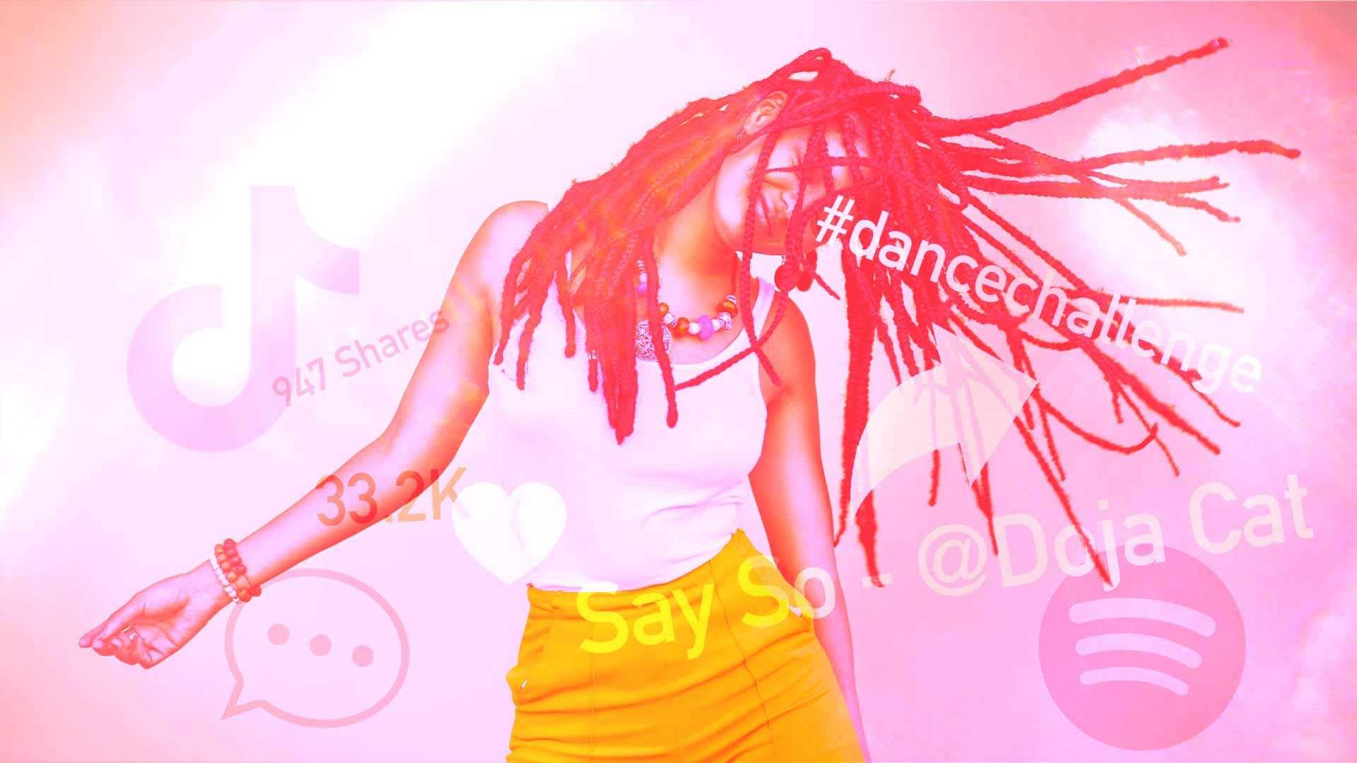 woman dancing with TikTok symbols and hashtags in the background