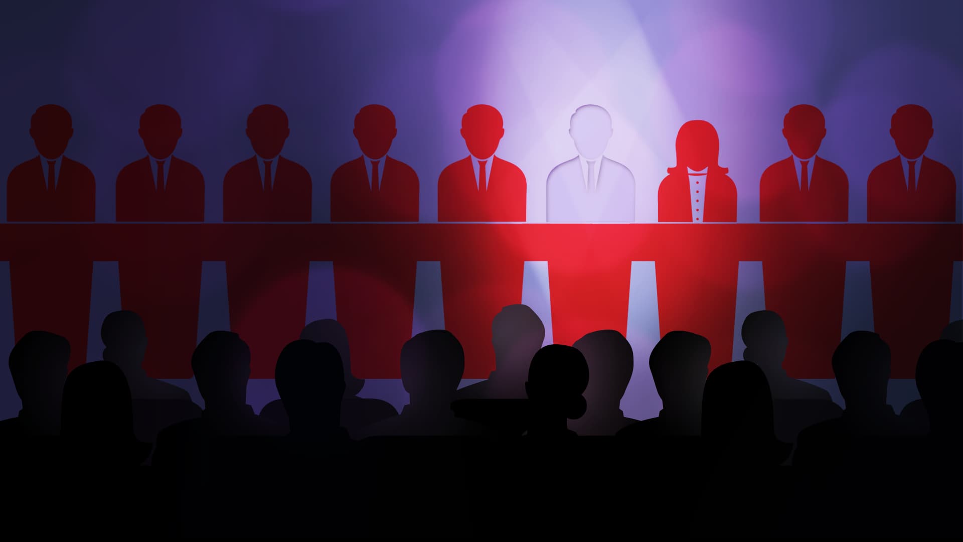 8 red silhouettes at podiums with one empty podium